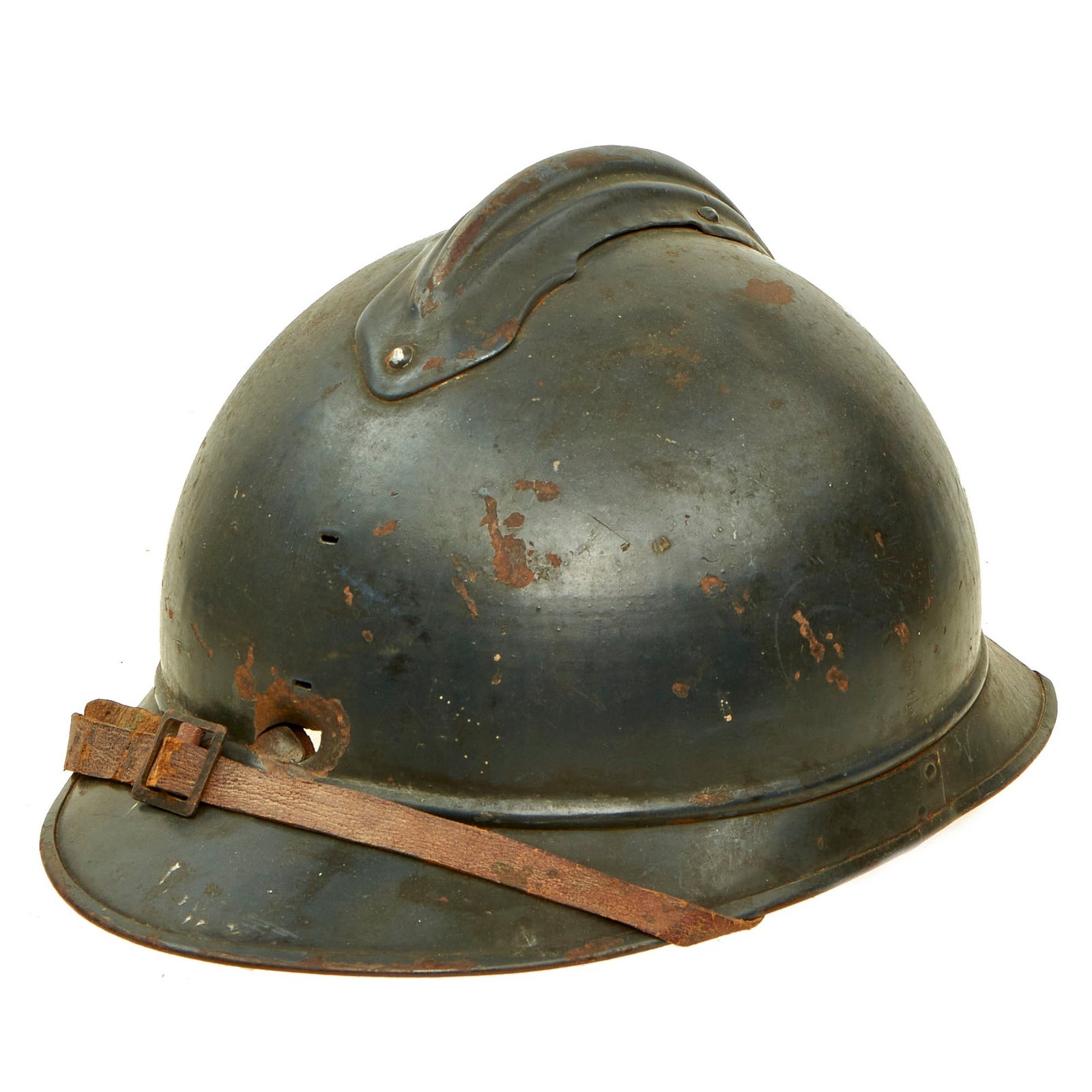 Buy Original French WWI Issue Model 1915 Adrian Helmet in Horizon Blue with Battle Damage and Second Pattern Liner - Complete | Original Firearms Antique For Sale