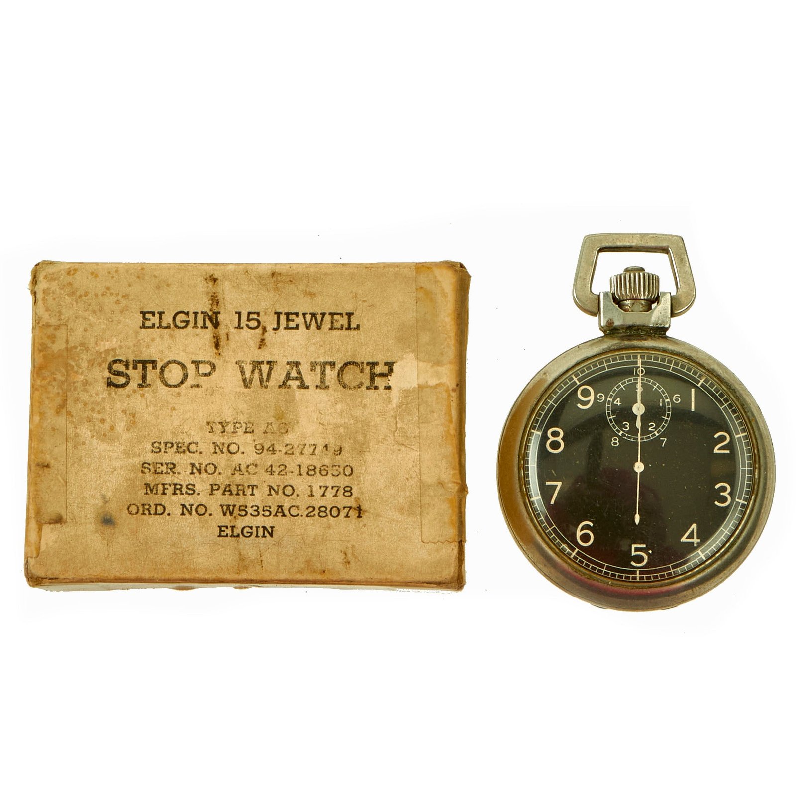 Buy Original U.S. WWII FULLY FUNCTIONAL 1944 Army Air Corps B-17 Navigator Type A-8 Jitterbug Stopwatch by Elgin with Box - Named to T/5 Gustave Sidabras | Original Firearms Antique For Sale