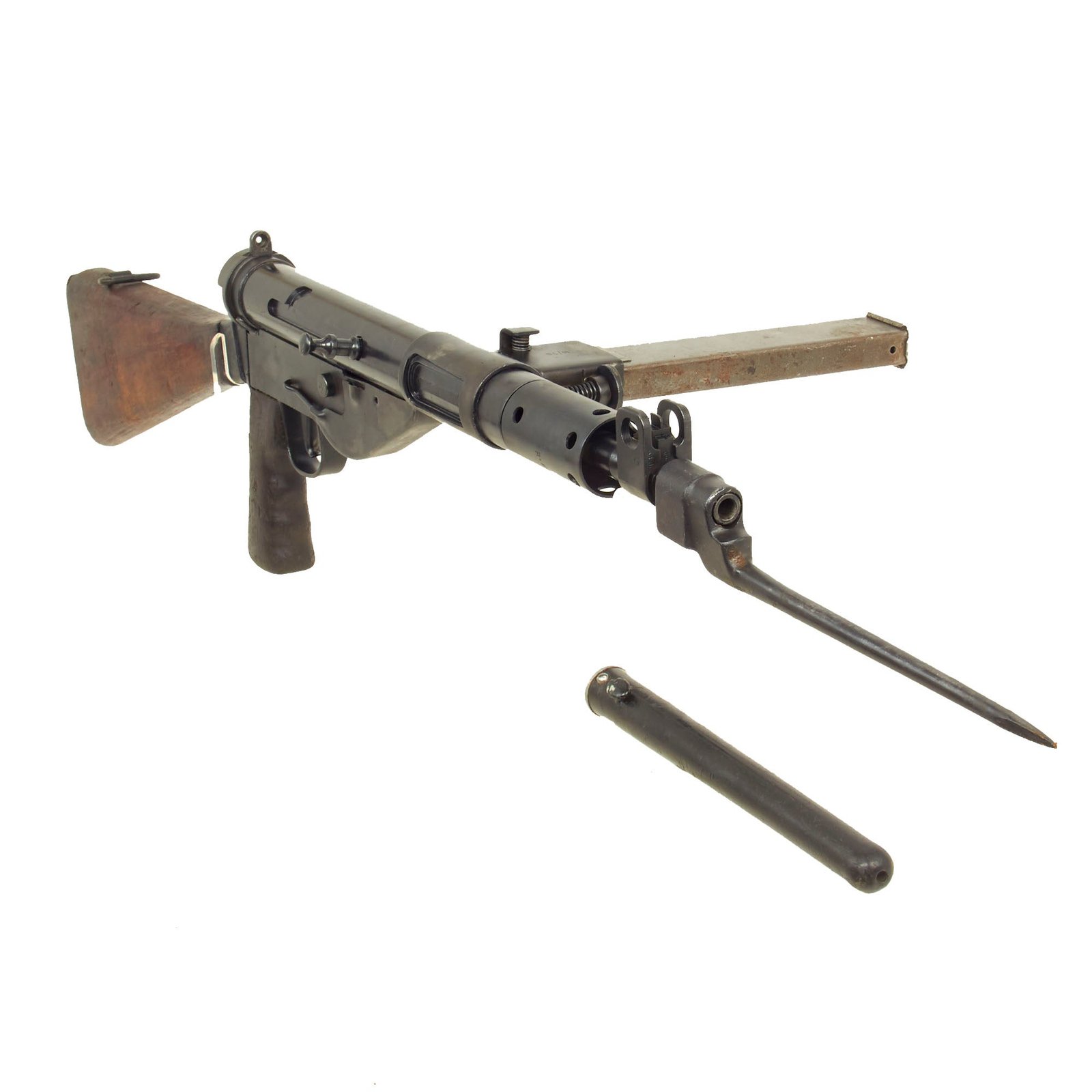 Buy Original British WWII Sten Mk V Display Submachine Gun Serial 153541 with Magazine, Bayonet & Scabbard | Original Firearms Antique For Sale