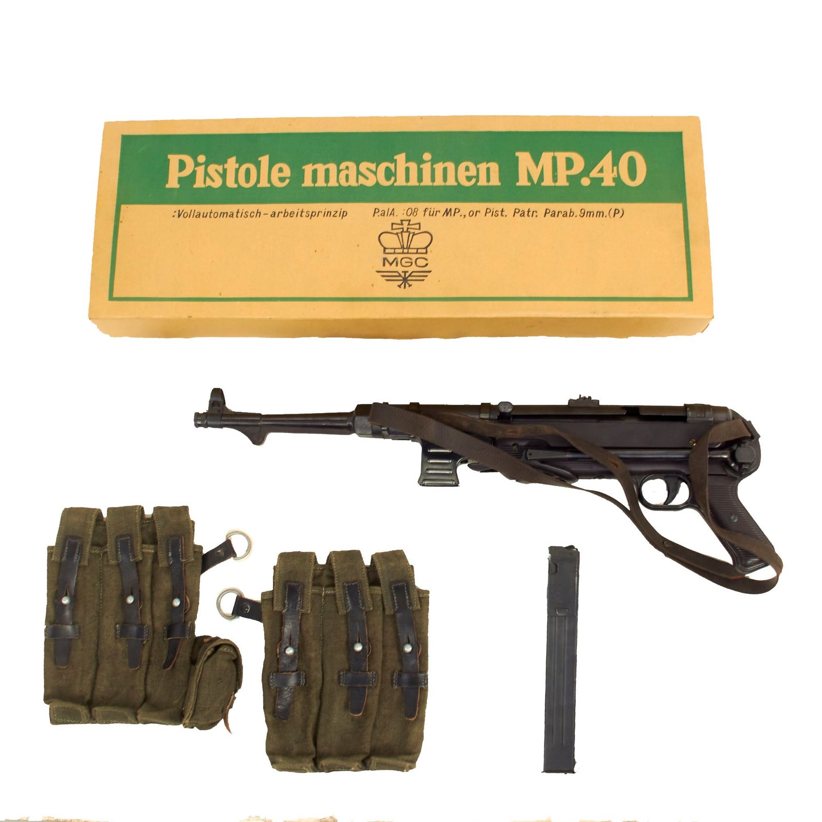 Buy German WWII Replica MP 40 Cap Plug-Firing Submachine Gun by MGC Japan with Sling, Box, Magazine Pouches and Magazine | Original Firearms Antique For Sale