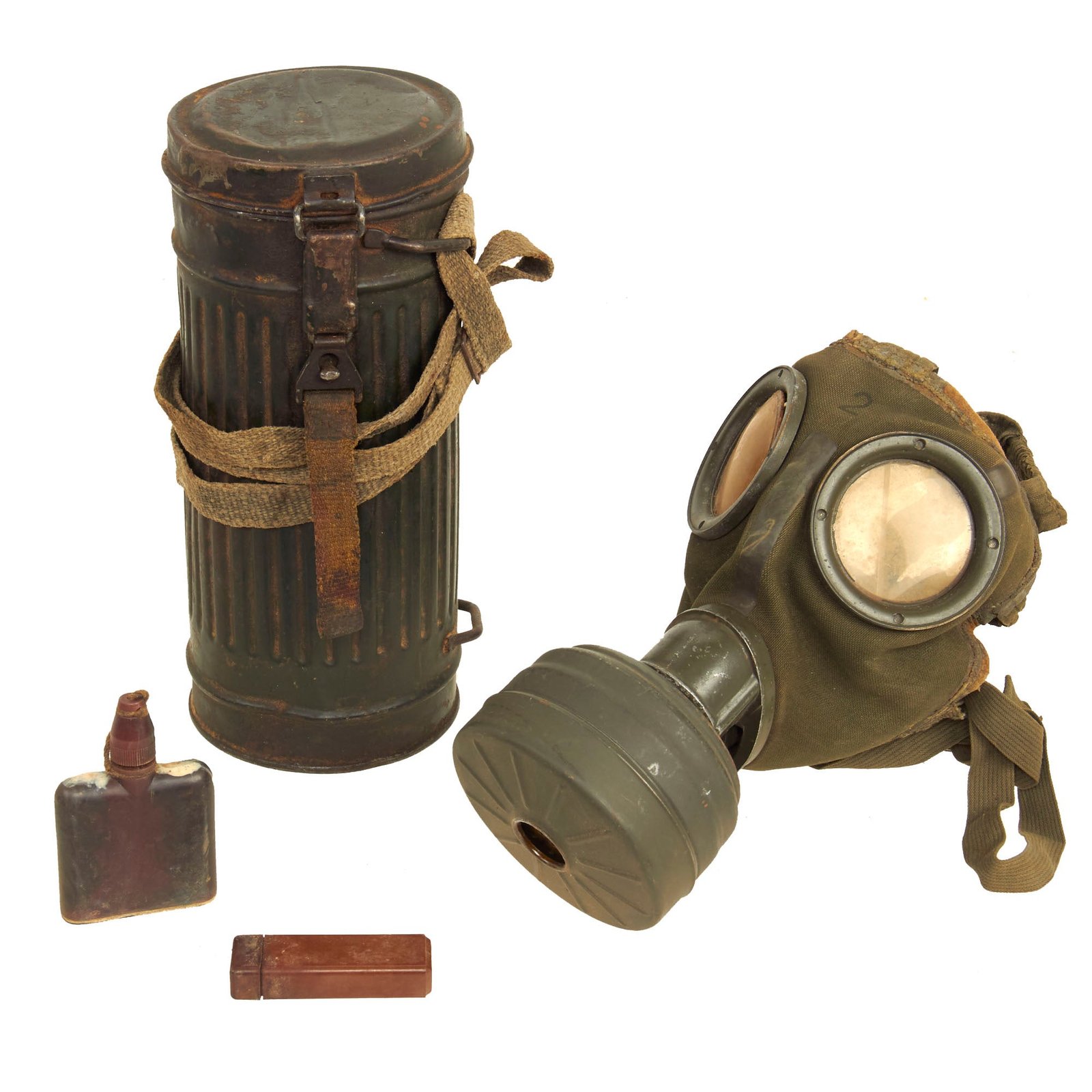 Buy Original German WWII M30 2nd Model Size 2 Gas Mask with Fe 41 Filter, Canister, Spare Lenses and Decon Kit - dated 1938 | Original Firearms Antique For Sale