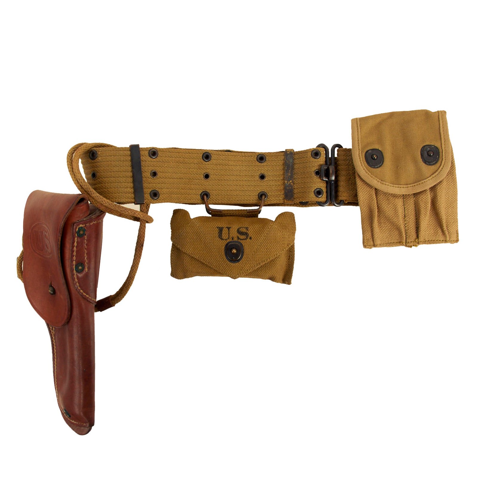 Buy Original U.S. WWII Officer M1936 Pistol Belt, M1911 Holster by Rare Maker, WWI Magazine Pouch & First Aid Pouch WITH Box & Bandage | Original Firearms Antique For Sale