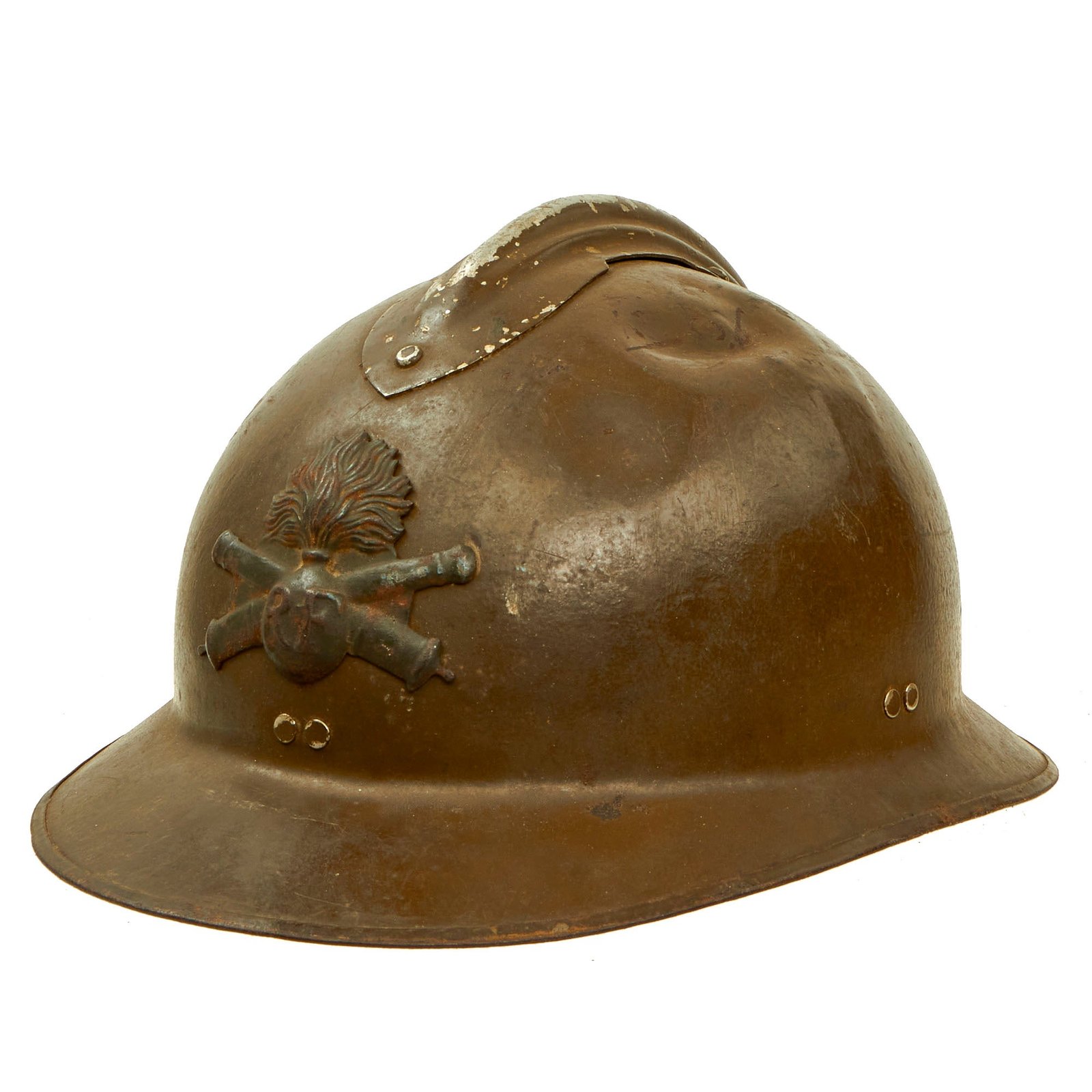 Buy Original French WWII Complete Early Model 1926 Adrian Artillery Helmet with Liner & Chinstrap - Olive Green | Original Firearms Antique For Sale