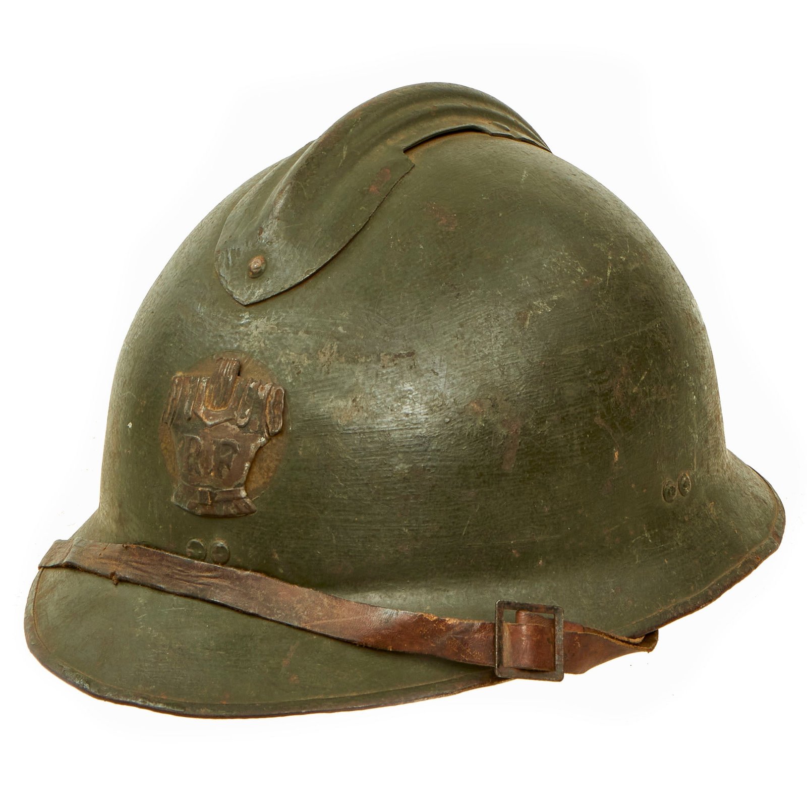 Buy Original WWII French Complete Model 1926 Adrian Engineer Helmet with Liner & Chinstrap - Olive Green | Original Firearms Antique For Sale
