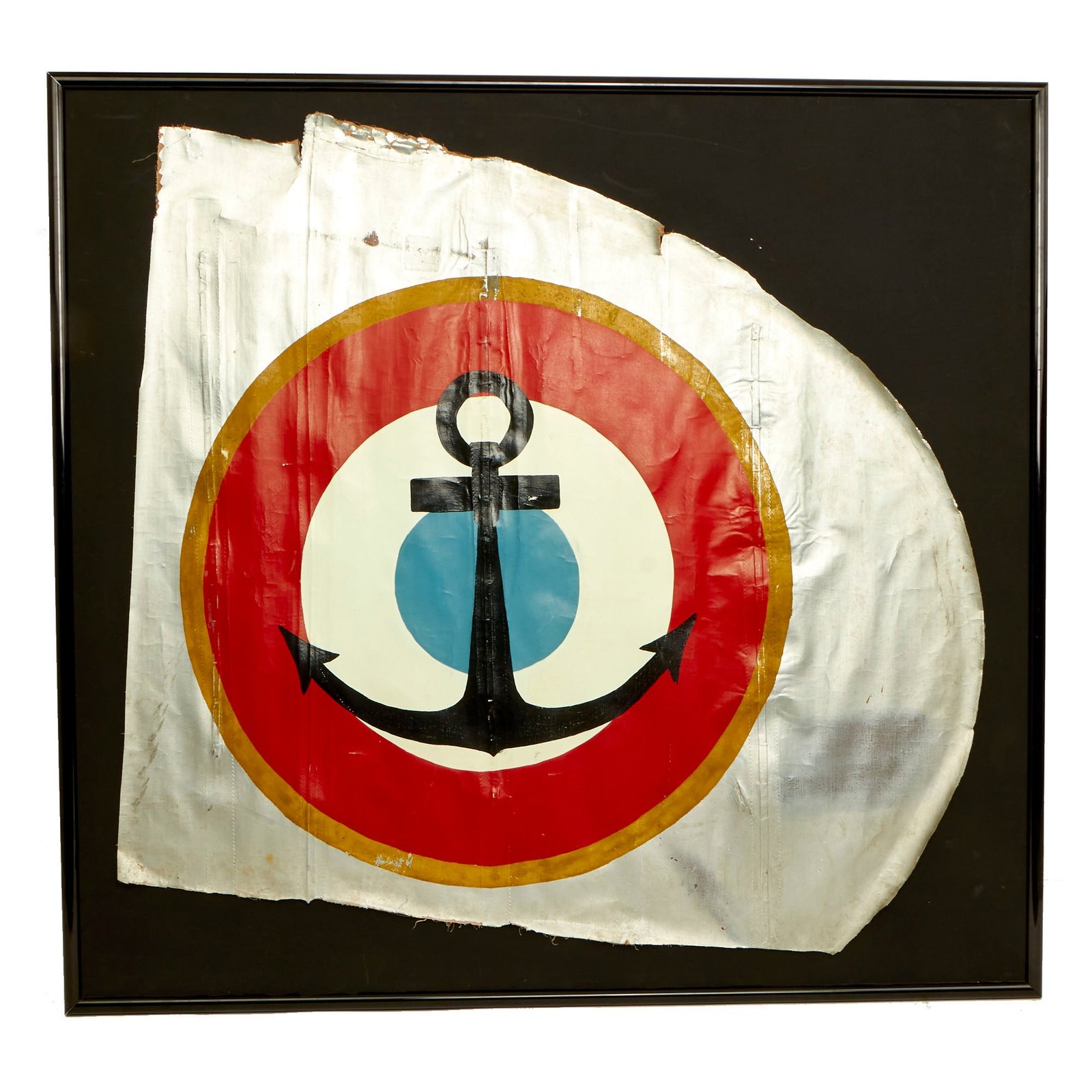 Buy Original French WWII Framed Aéronautique Navale Naval Air Arm Painted Canvas Aircraft Skin Piece - 49” x 47” | Original Firearms Antique For Sale