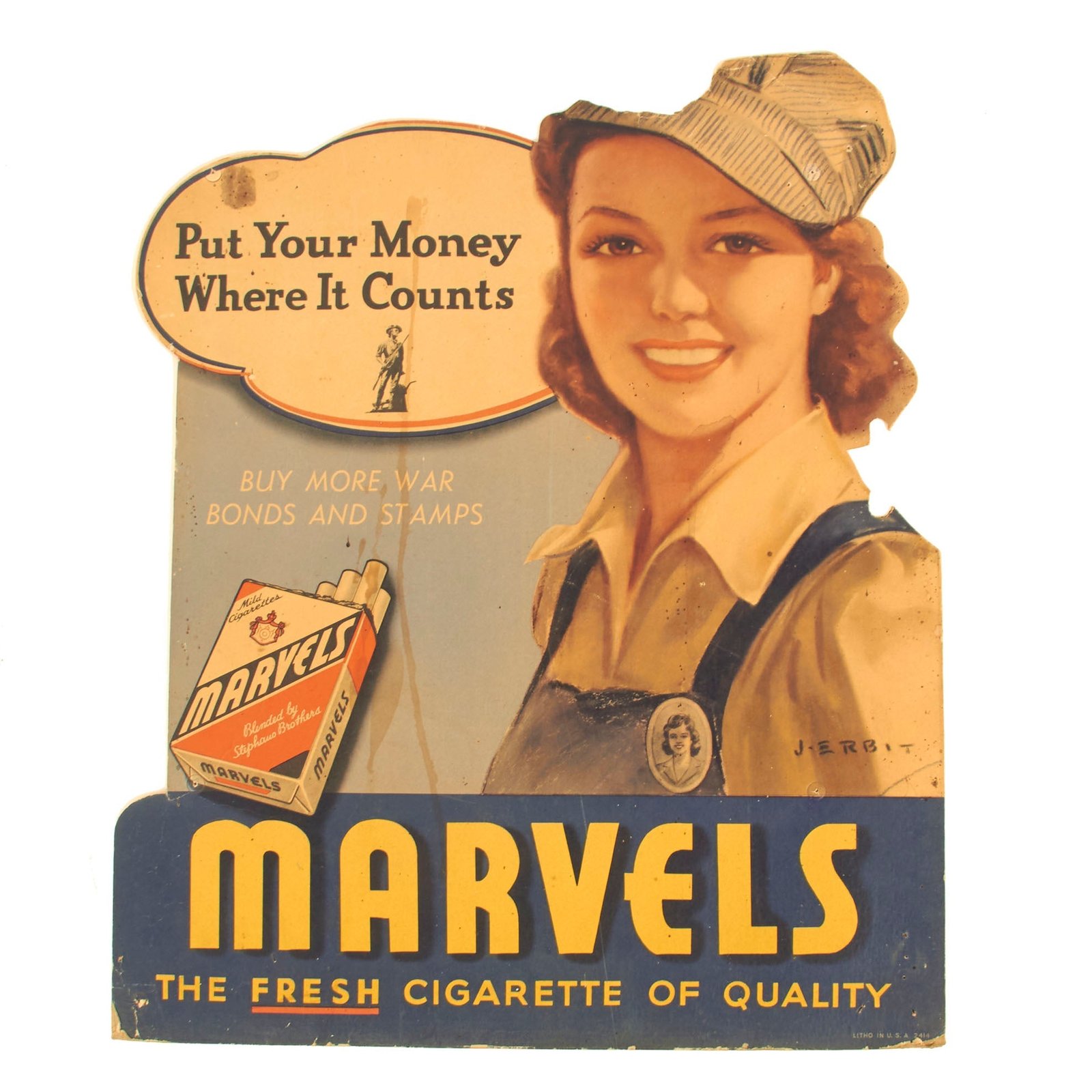 Buy Original U.S. WWII War Bonds / War Stamps Marvels Cigarettes Advertisement Sign Featuring Female War Industry Worker | Original Firearms Antique For Sale