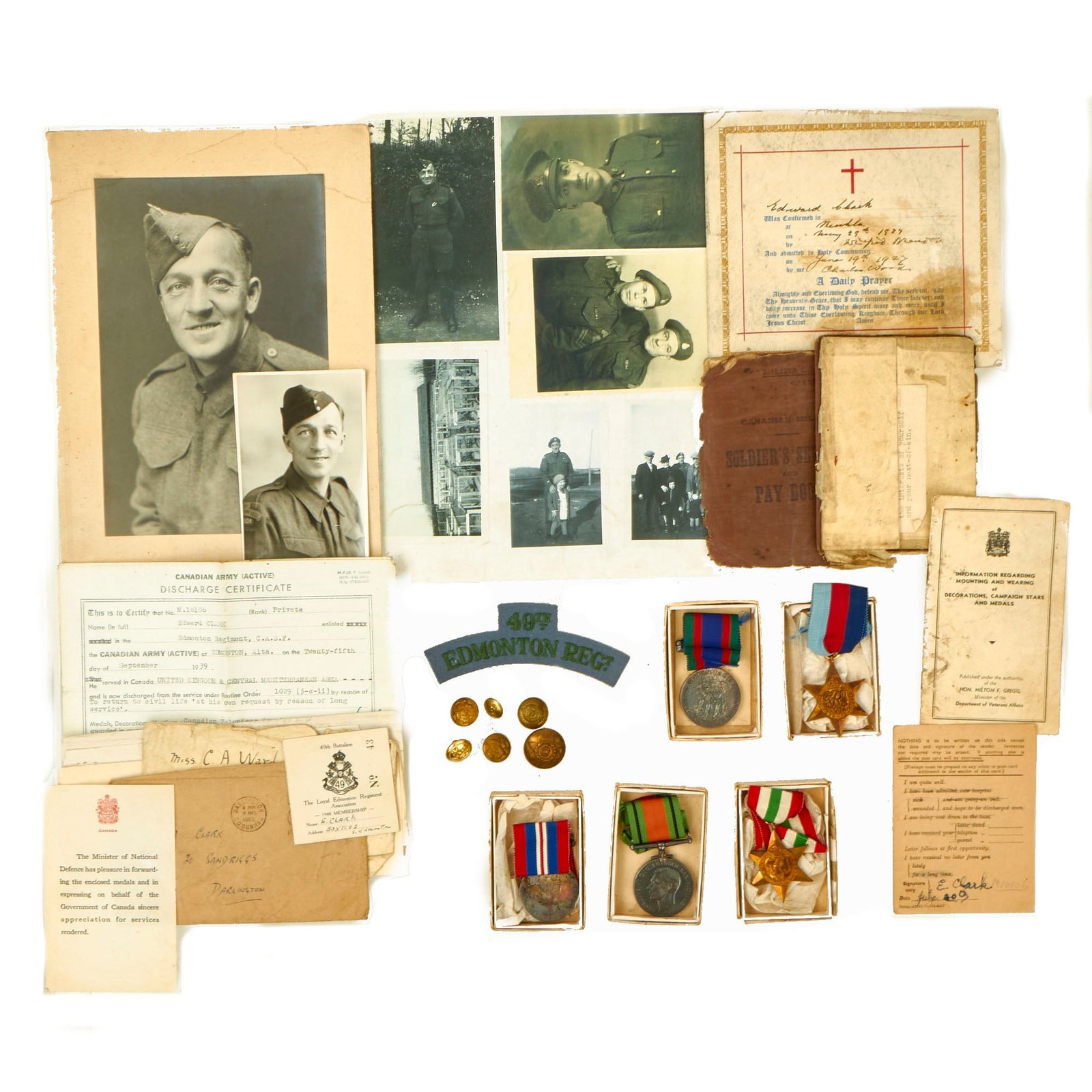 Buy Original Canada WWII Canadian Army Loyal Edmonton Regiment Medal, Insignia and Document Grouping For Private Edward Clark - 20 Plus Items | Original Firearms Antique For Sale