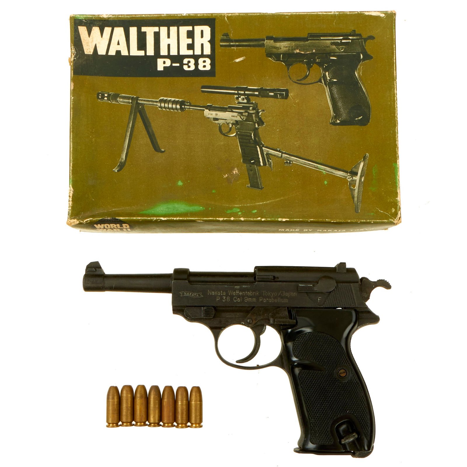 Buy German WWII Replica Walther P-38 Cap Plug-Firing Pistol by Nakata, Japan with Original Box and Cartridges- Circa 1960s | Original Firearms Antique For Sale