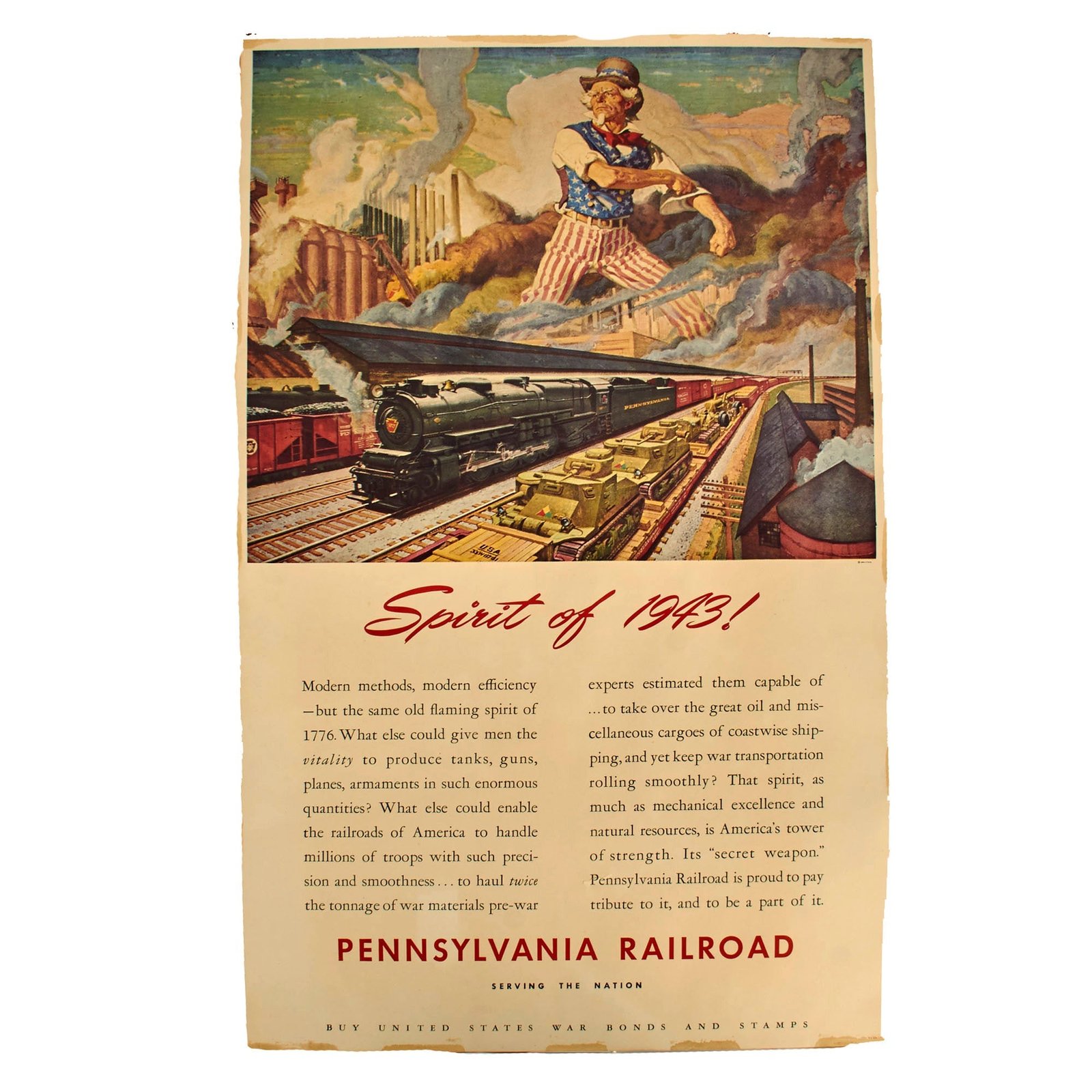 Buy Original U.S. WWII 1942 Dated Pennsylvania Railroad Spirit of 1943 Uncle Sam Poster - 40" x 25" | Original Firearms Antique For Sale