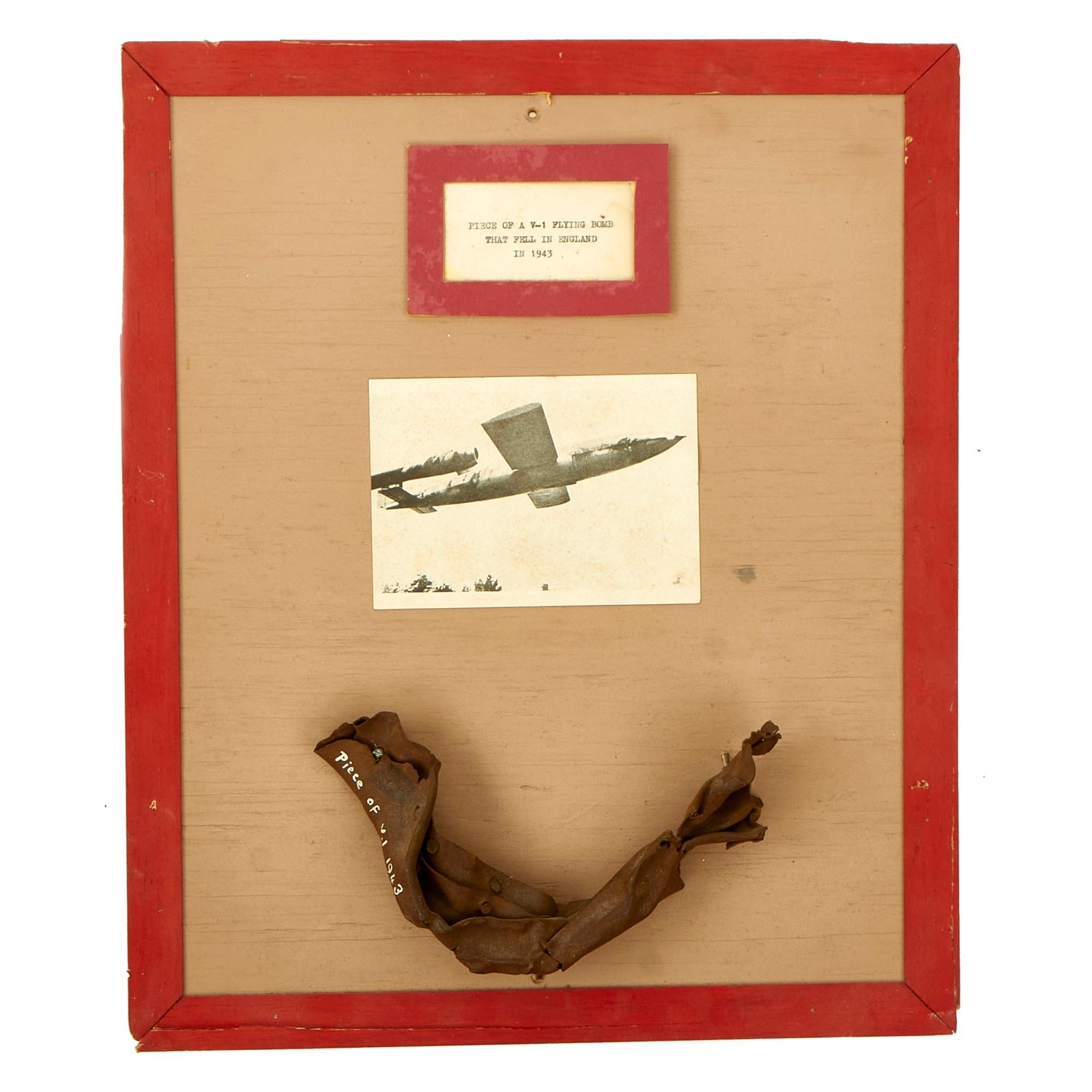 Buy Original German WWII V-1 Flying Bomb Fieseler Fi 103 Fragment Recovered From England - Mounted on 1960s Style Display - 18” x 15” | Original Firearms Antique For Sale