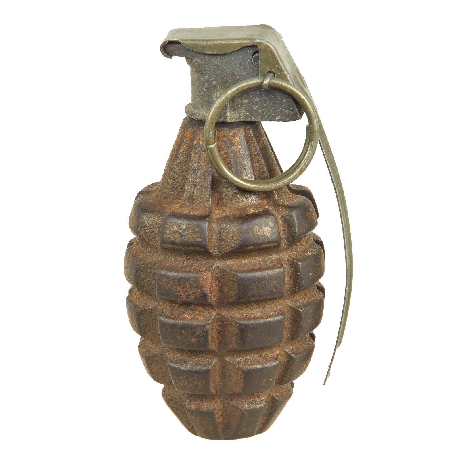 Buy Original U.S. WWII Inert MkII Pineapple Grenade with Partial Yellow Ring & M10 Series Fuze | Original Firearms Antique For Sale