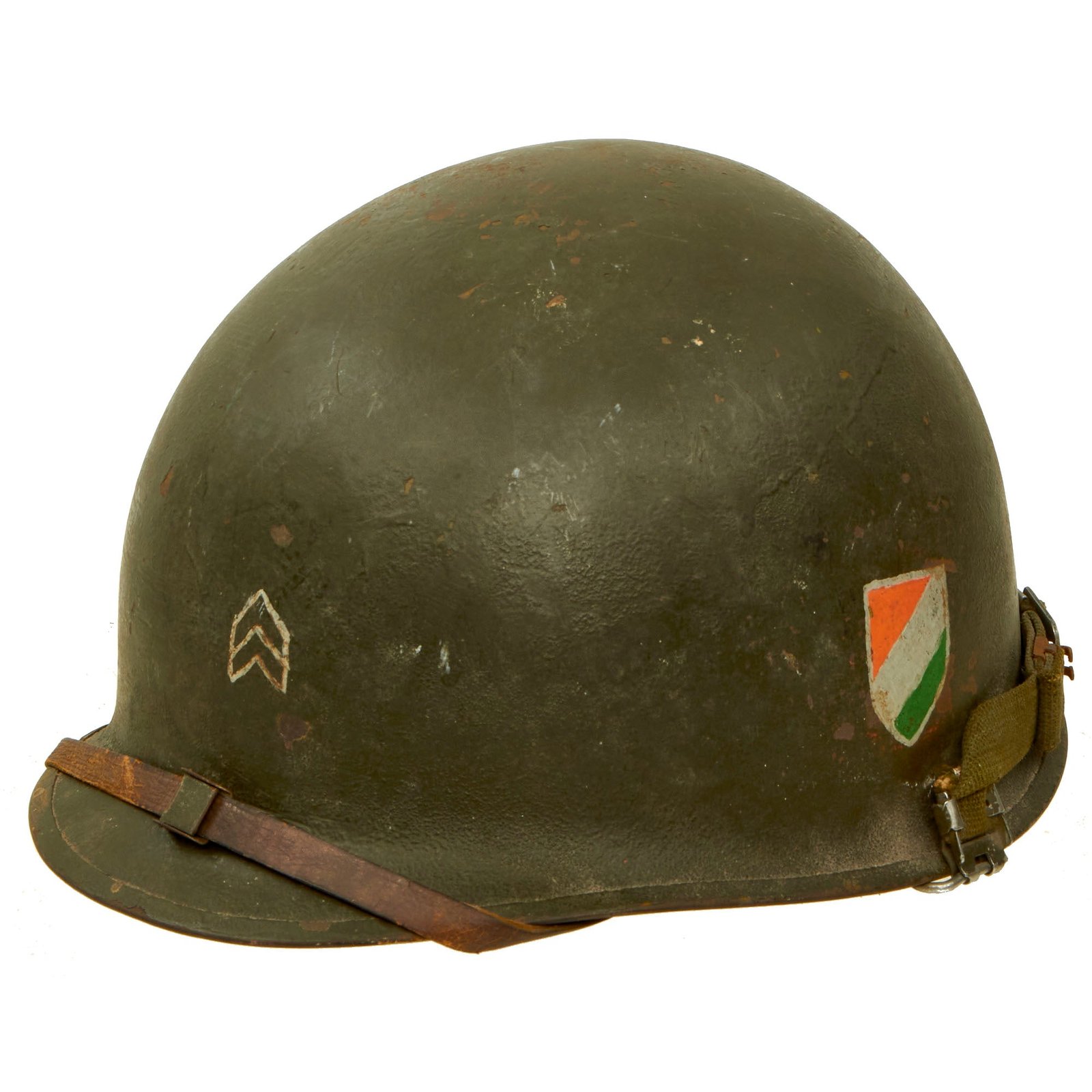 Buy Original U.S. Korean War Era McCord M1 Helmet With “Double Decal” Tricolor Flag and Westinghouse Liner - Possible Indian / UN Attaché | Original Firearms Antique For Sale