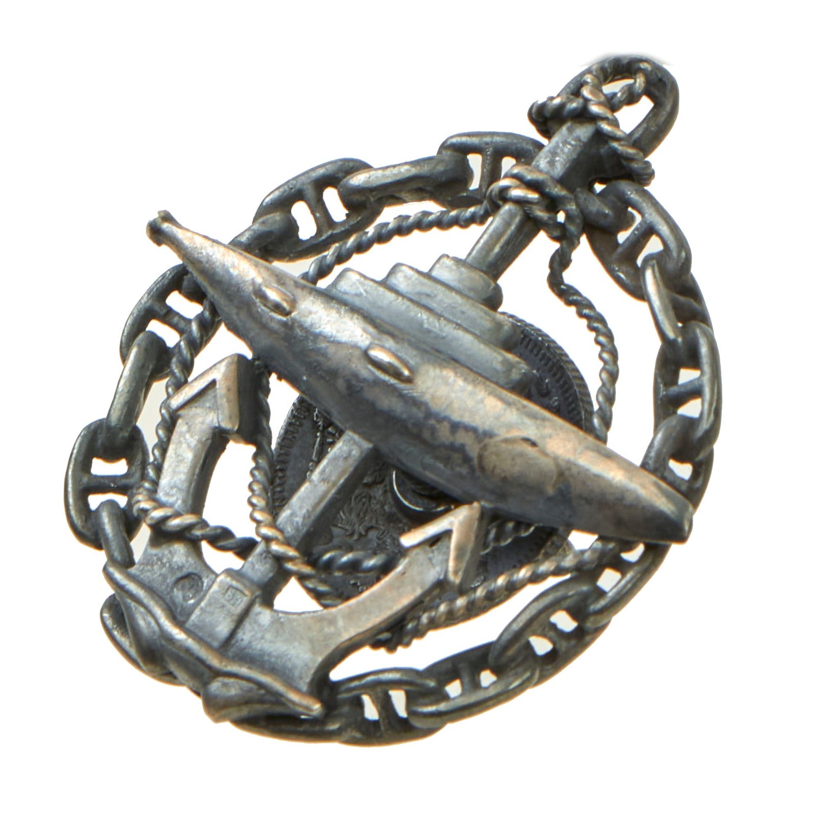 Buy Original WWI Imperial Russian Silver Imperial Submarine Badge With Moscow Hallmark “84” Silver Stamp and 1909 Dated Imperial Russian Coin Screwback  - .875 Silver Content | Original Firearms Antique For Sale