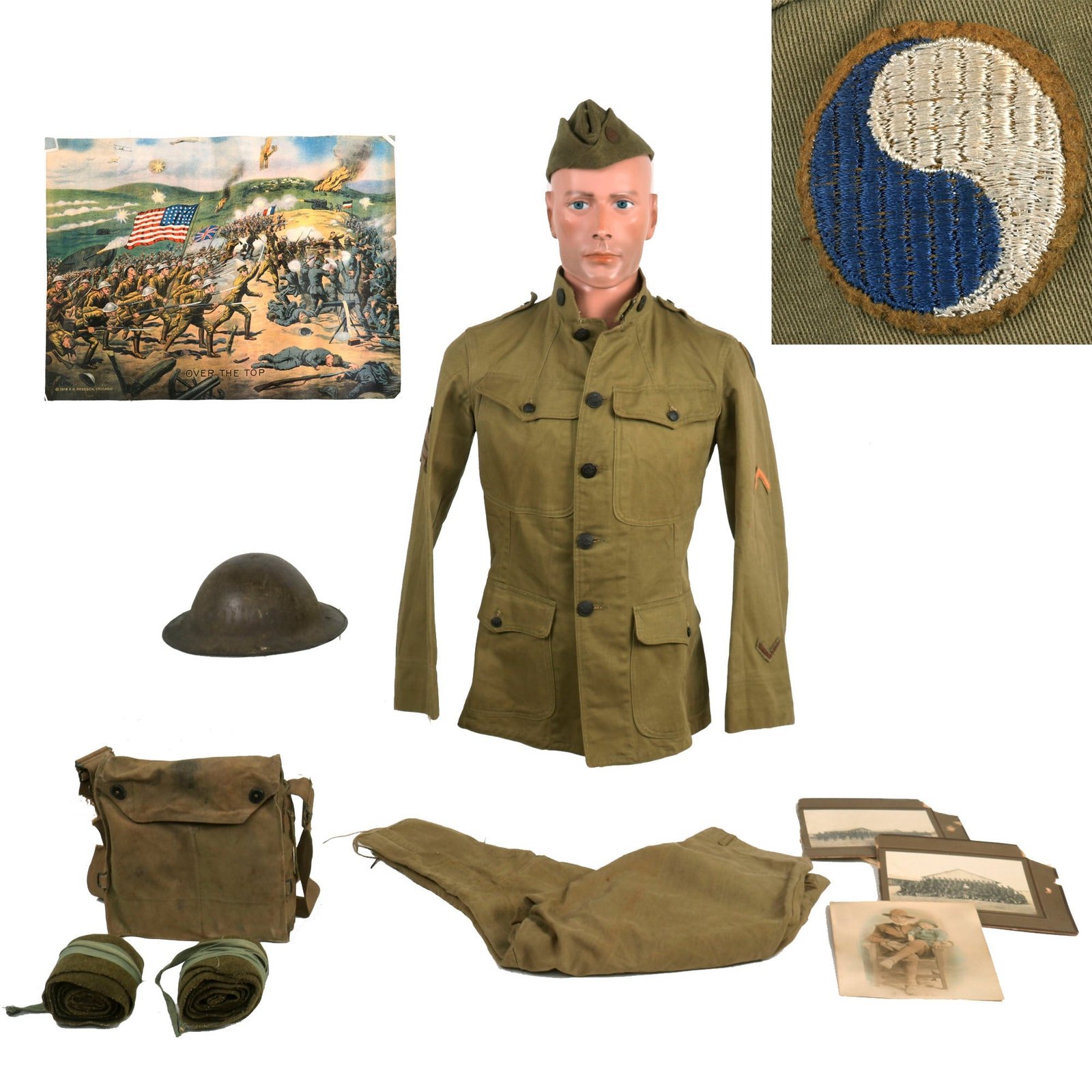 Buy Original U.S. WWI 29th “Blue & Gray” Infantry Division, Machine Gun Battalion Uniform Set with M1917 Helmet & Gas Mask | Original Firearms Antique For Sale