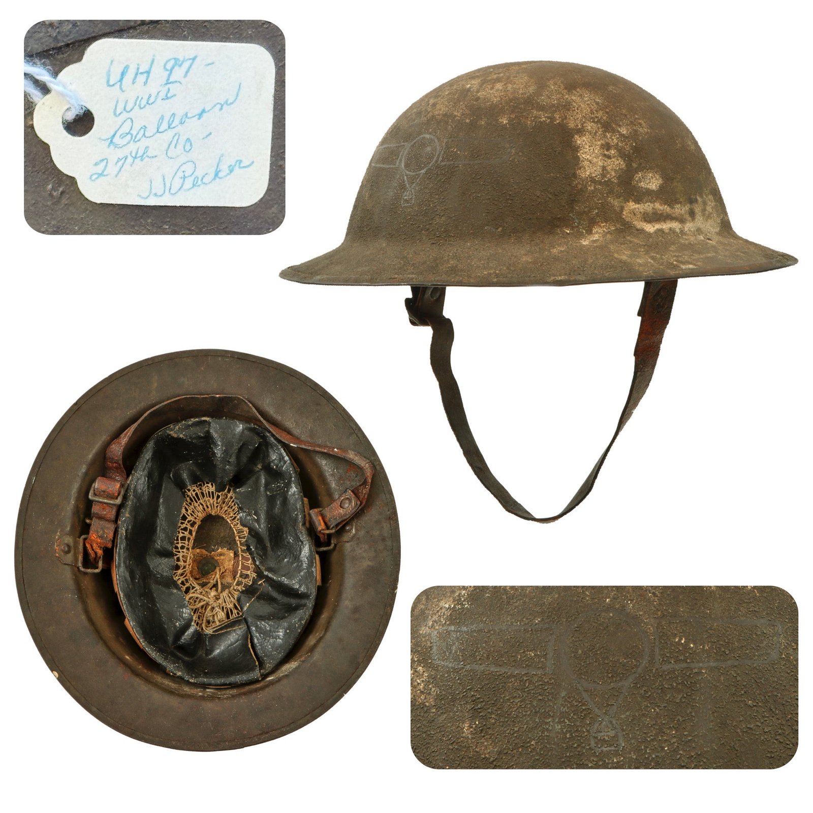 Original U.S. WWI Balloon Service Complete M1917 Helmet with Balloon Wings Scratched Into Finish - Attributed to J.J. Pecker, 27th Balloon Company