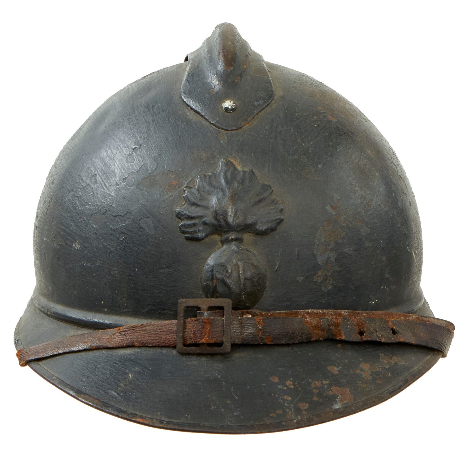 Buy Original French WWI Issue Model 1915 Adrian Helmet in Horizon Blue with RF Badge and First Pattern Liner - Complete | Original Firearms Antique For Sale