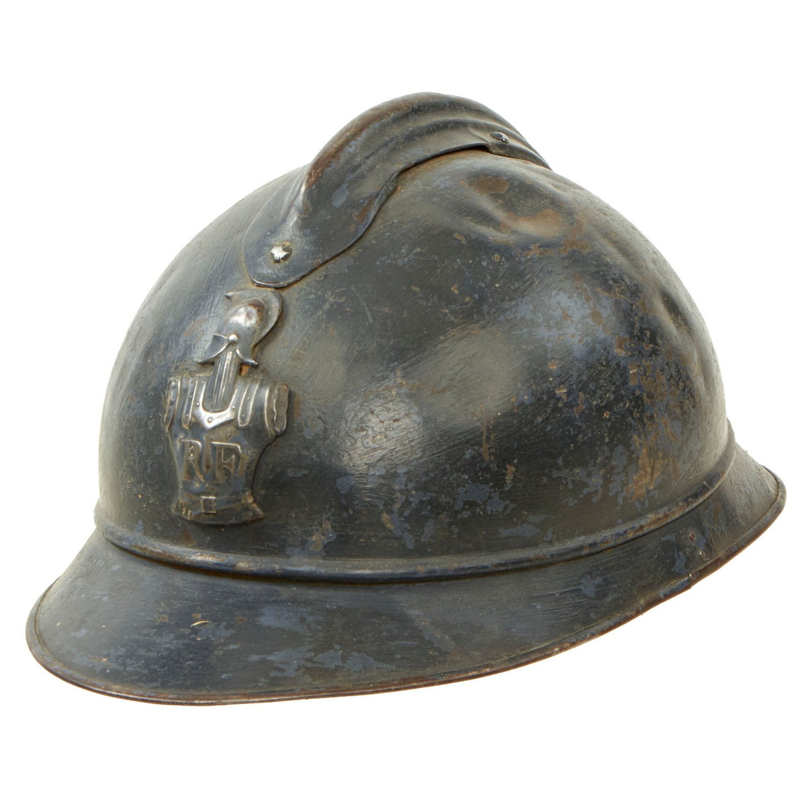 Buy Original French WWI Model 1915 Adrian Helmet in Horizon Blue with RF Engineer Badge & 1st Pattern Liner | Original Firearms Antique For Sale