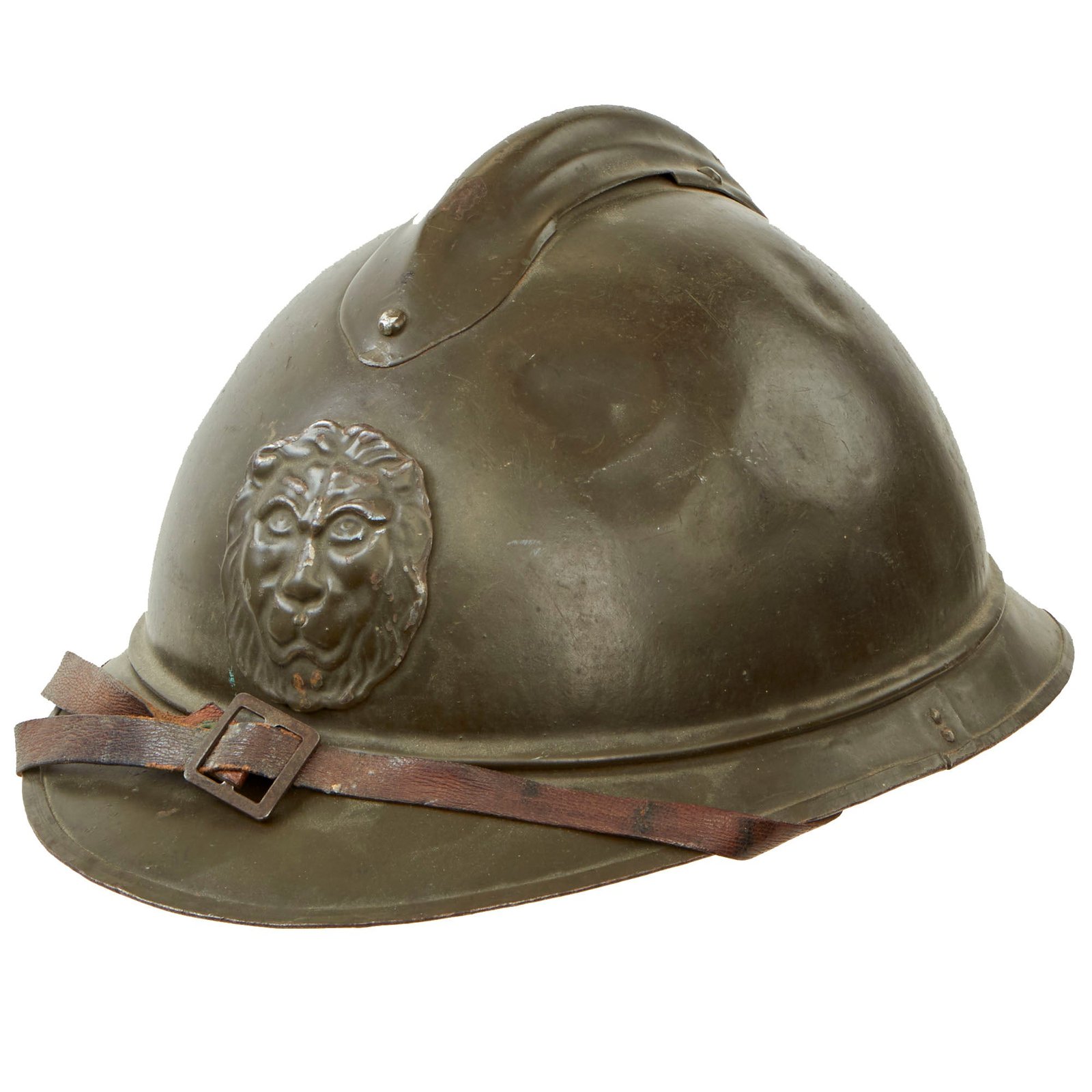 Buy Original Belgian WWI Issue French Model 1915 Adrian Helmet with Lion Head Badge and Liner - Complete | Original Firearms Antique For Sale