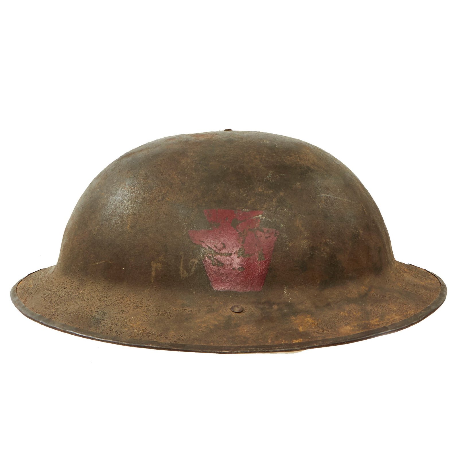 Buy Original U.S. WWI Rare 28th “Keystone” Division Pennsylvania National Guard British-Made Mk 1 Doughboy Helmet Shell with Partial Repaired Chinstrap - “Gimmie” | Original Firearms Antique For Sale