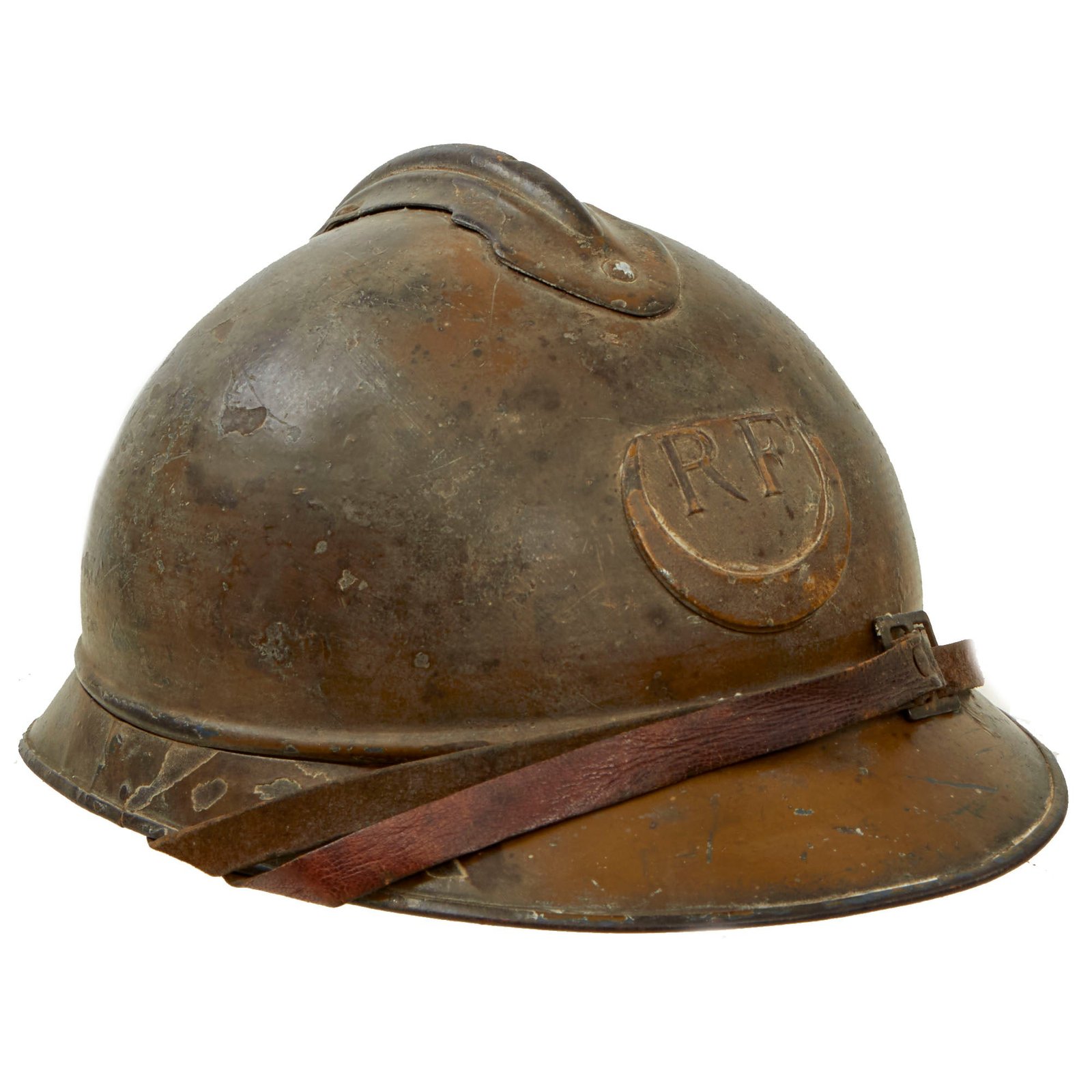 Buy Original Rare French WWI Model 1915 Adrian Helmet with Zouave & Tirailleurs RF Badge - Complete with 1st Pattern Liner and Chinstrap | Original Firearms Antique For Sale