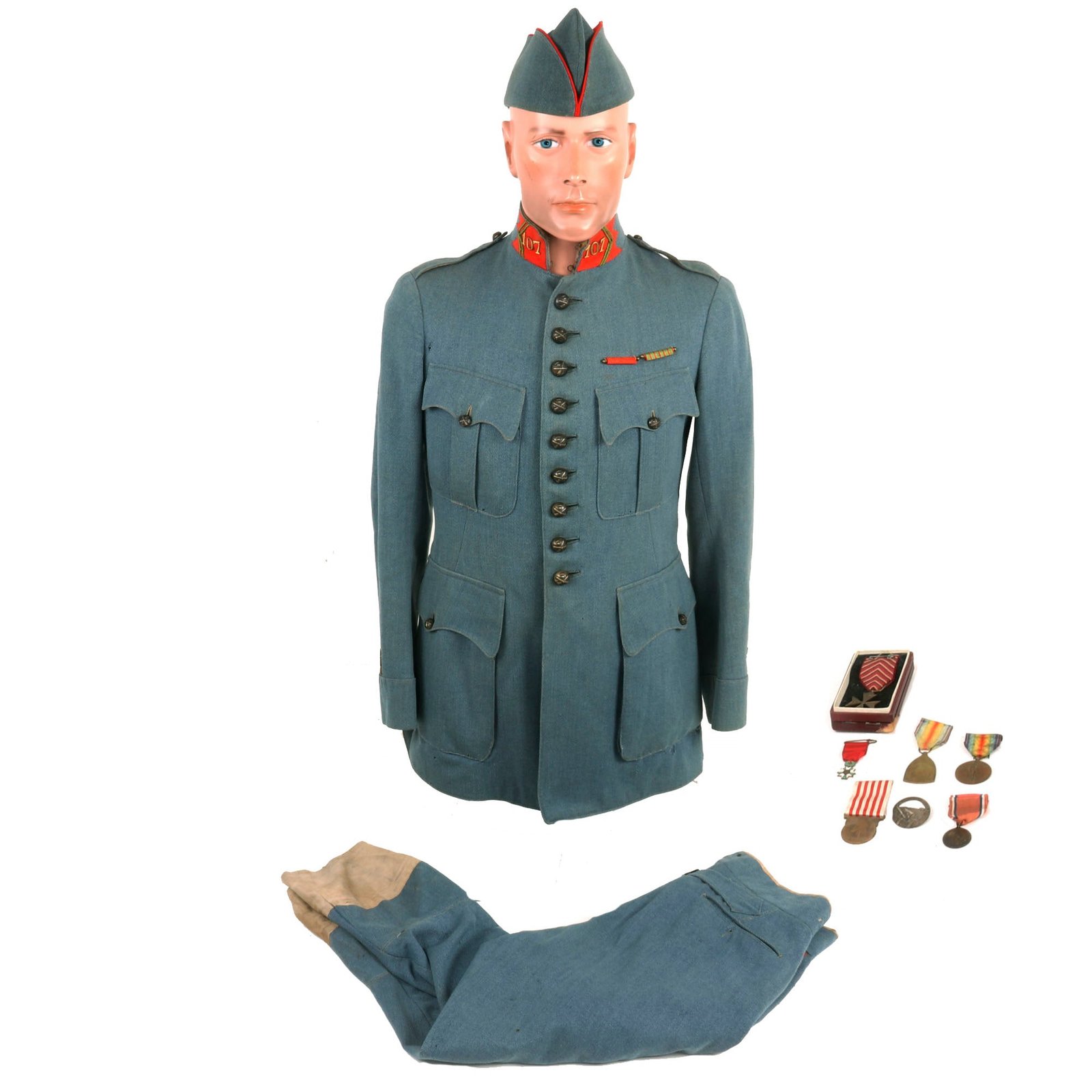 Buy Original French WWI 107th Army Corps Artillery Captain’s Horizon Blue Wool Uniform Set With Medals | Original Firearms Antique For Sale