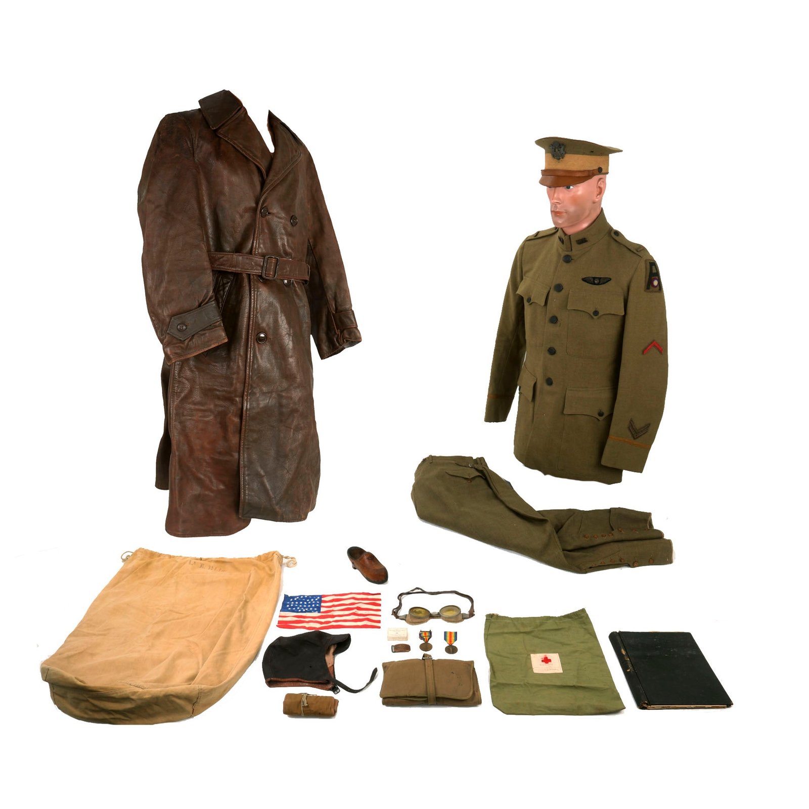 Buy Original U.S. WWI Named 182nd Aero Squadron, 1st Army Air Service, Aviation Section, U.S. Signal Corps Pilot Uniform Grouping With Fur Lined Leather Flight Jacket - 2nd Lt. Enoch Fulton | Original Firearms Antique For Sale