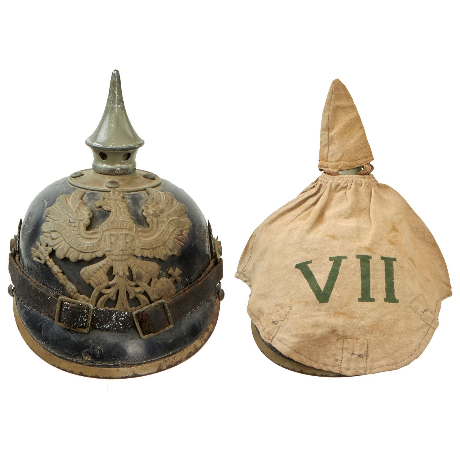 Buy Original Imperial German WWI Prussian EM/NCO Infantry M1915 Pickelhaube Spiked Helmet With Munitions-Kolonnen VII Armee-Korps Marked Überzug Helmet Cover | Original Firearms Antique For Sale