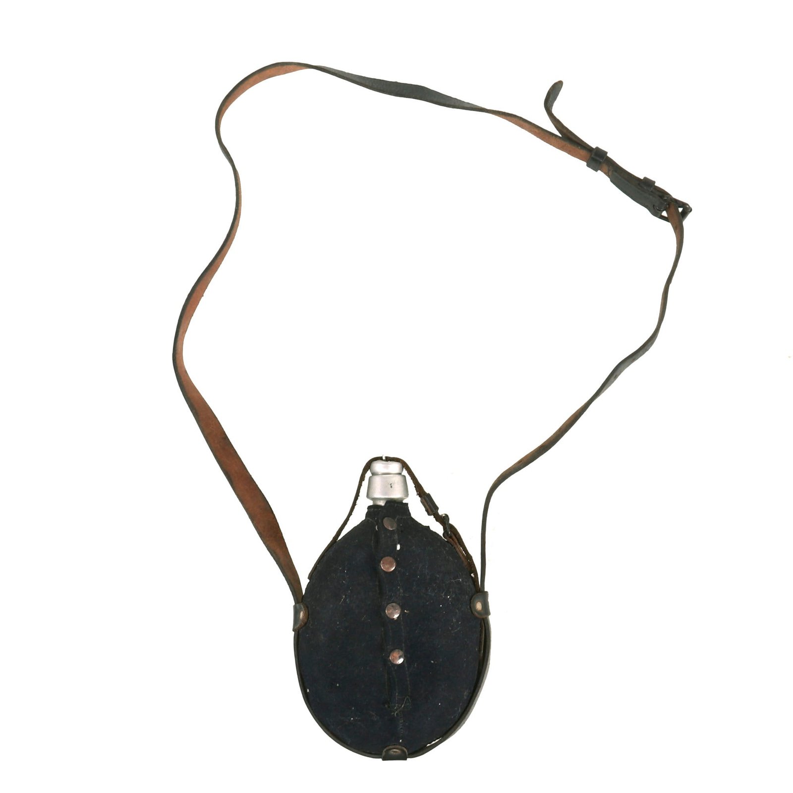 Buy Original Belgian WWI Blue Wool Covered Aluminum Canteen With Leather Harness - Circa 1914/15 | Original Firearms Antique For Sale