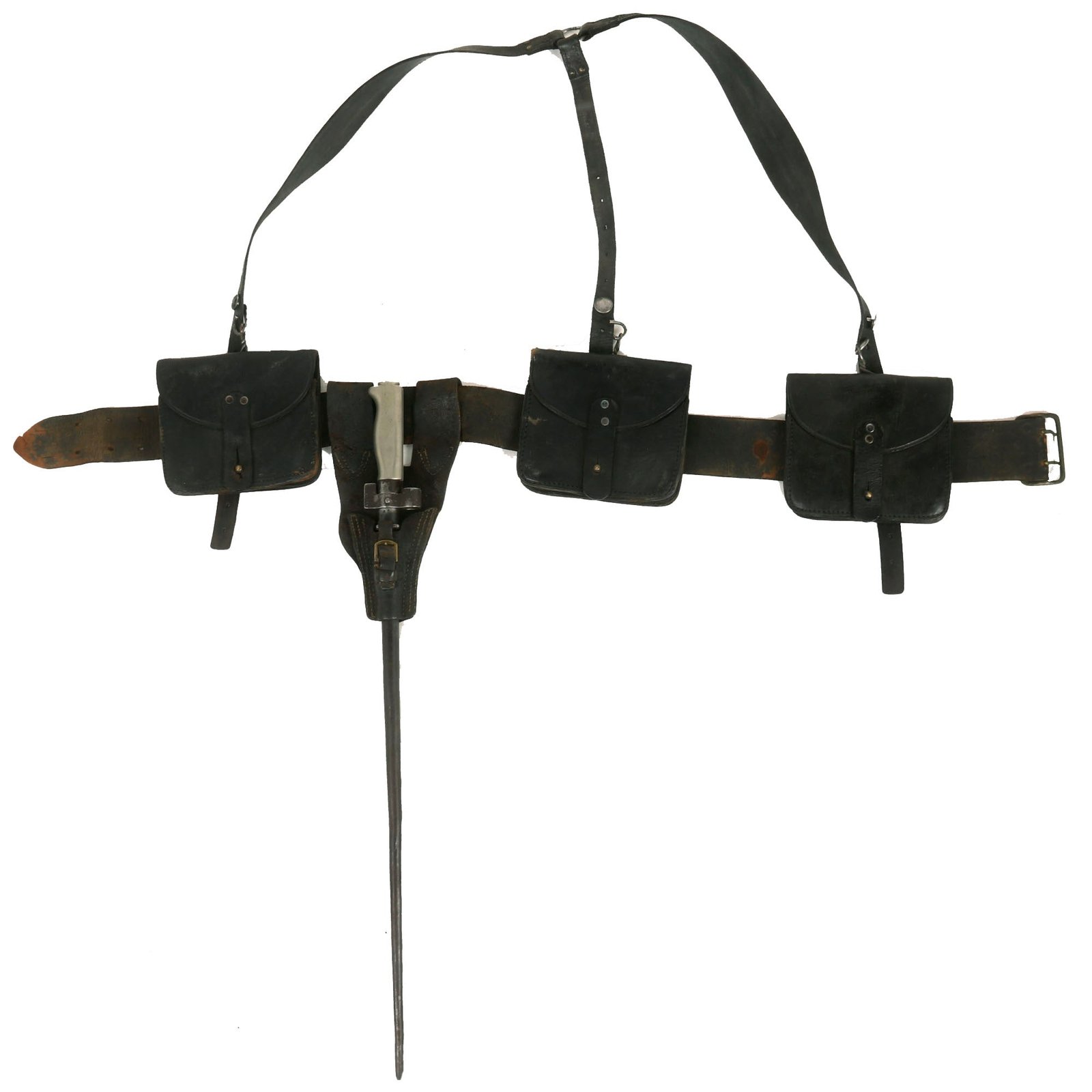 Buy Original French WWI Infantry Model 1903 Leather Belt With 1892/14 Suspenders, M1905/14 Cartridge Pouches and Lebel Cruciform Épée Bayonet With M1888/14 Leather Frog | Original Firearms Antique For Sale