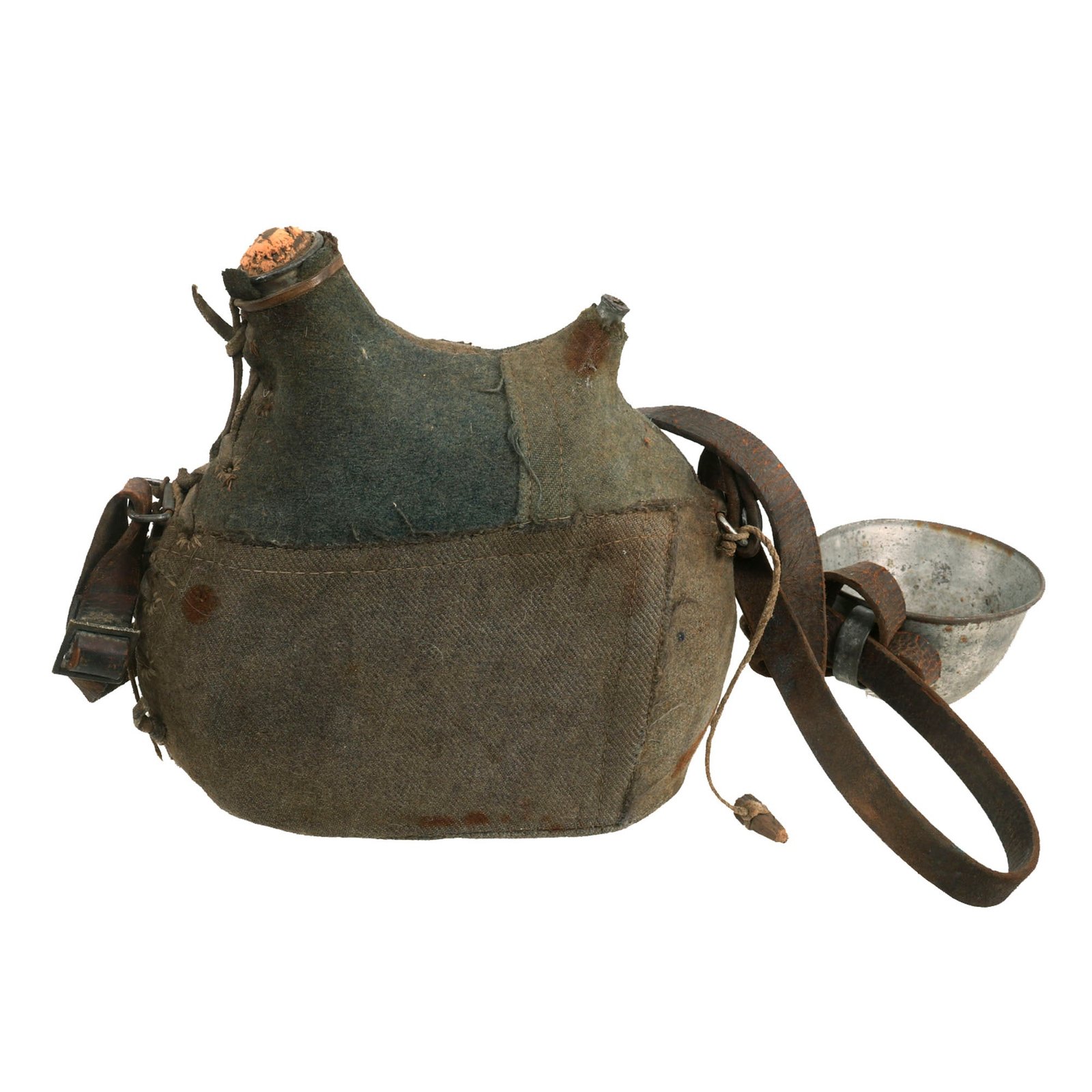 Buy Original French WWI Model 1877 Canteen With Factory Made Cover in Horizon Blue with “Leftover” Material and Shoulder Strap With Tinned Cup - Bidon | Original Firearms Antique For Sale