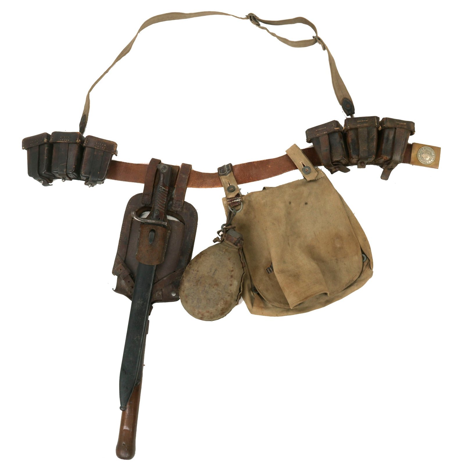 Buy Original Imperial German WWI M1915 Leather Belt Infantryman Combat Belt Rig With EM/NCO Prussian Buckle, Bayonet, Entrenching Tool, Breadbag and M-1909 Ammunition Pouches | Original Firearms Antique For Sale