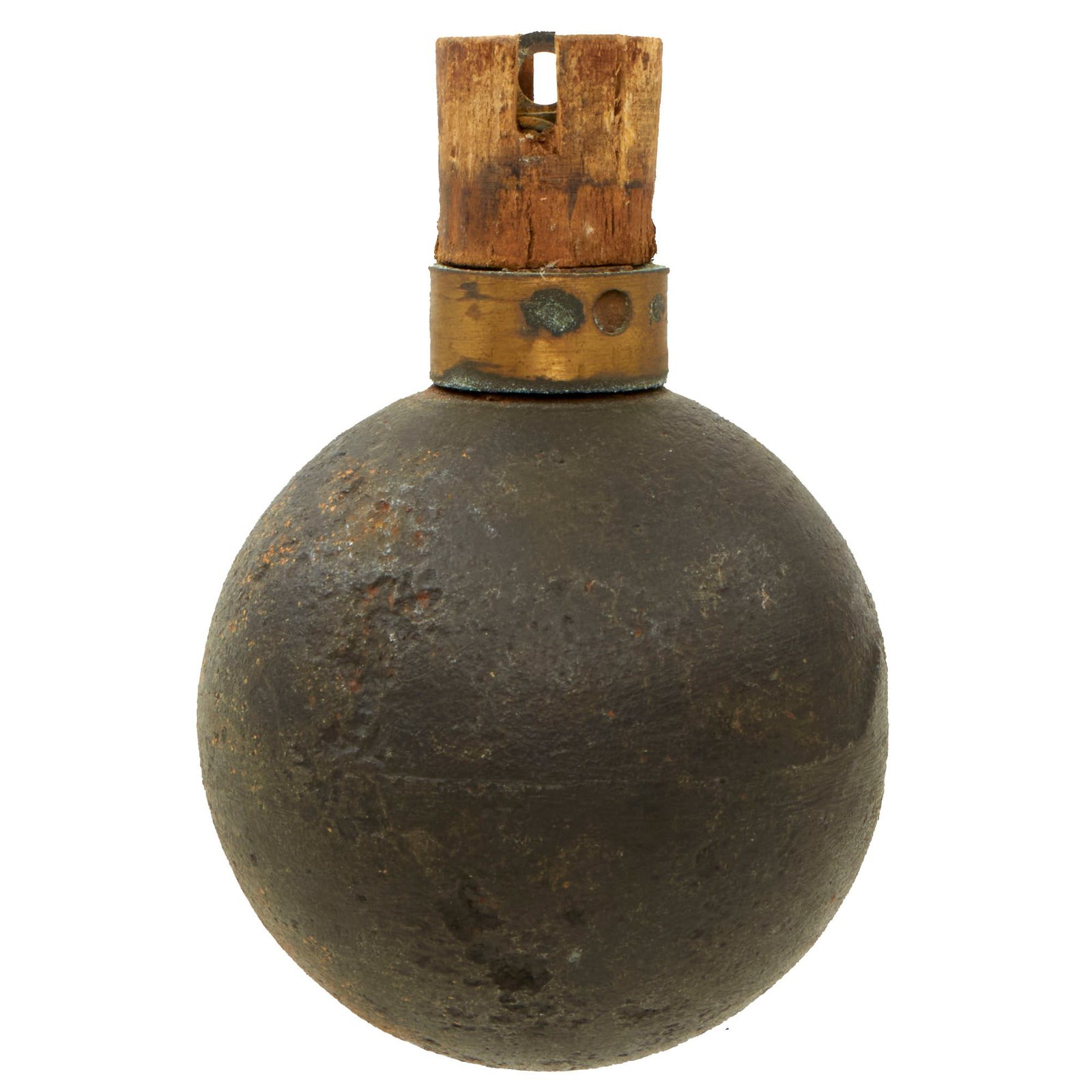 Buy Original French WWI Model 1914 Bracelet Ball Hand Grenade with Fuse & Pull Ring Housing - Inert | Original Firearms Antique For Sale