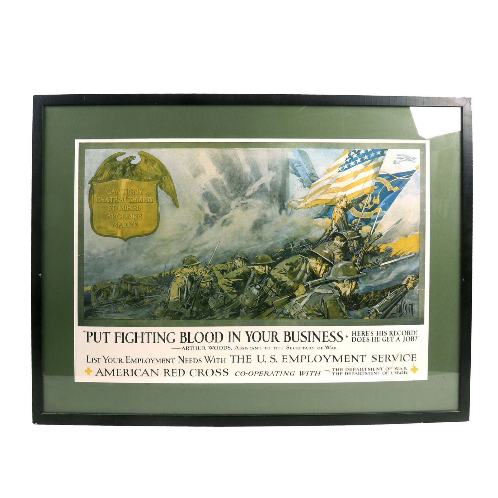 Buy Original U.S. WWI Era U.S. Employment Service Featuring Artwork of USMC 6th Marine Regiment by Dan Smith - Framed; 25 ½” x 30” | Original Firearms Antique For Sale