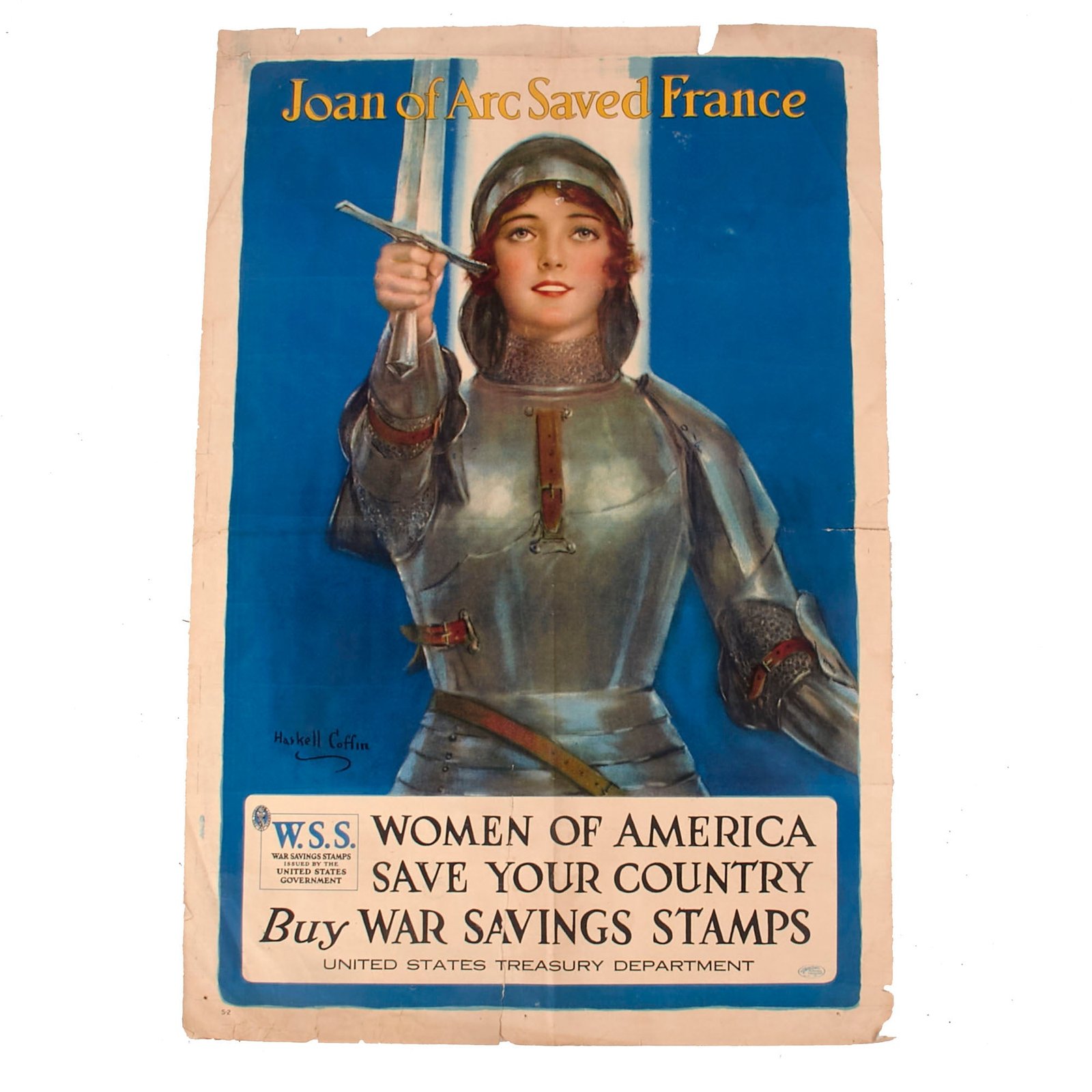 Buy Original U.S. WWI “Joan of Arc Saved France” W.S.S. Propaganda Poster - 20 x 30” | Original Firearms Antique For Sale