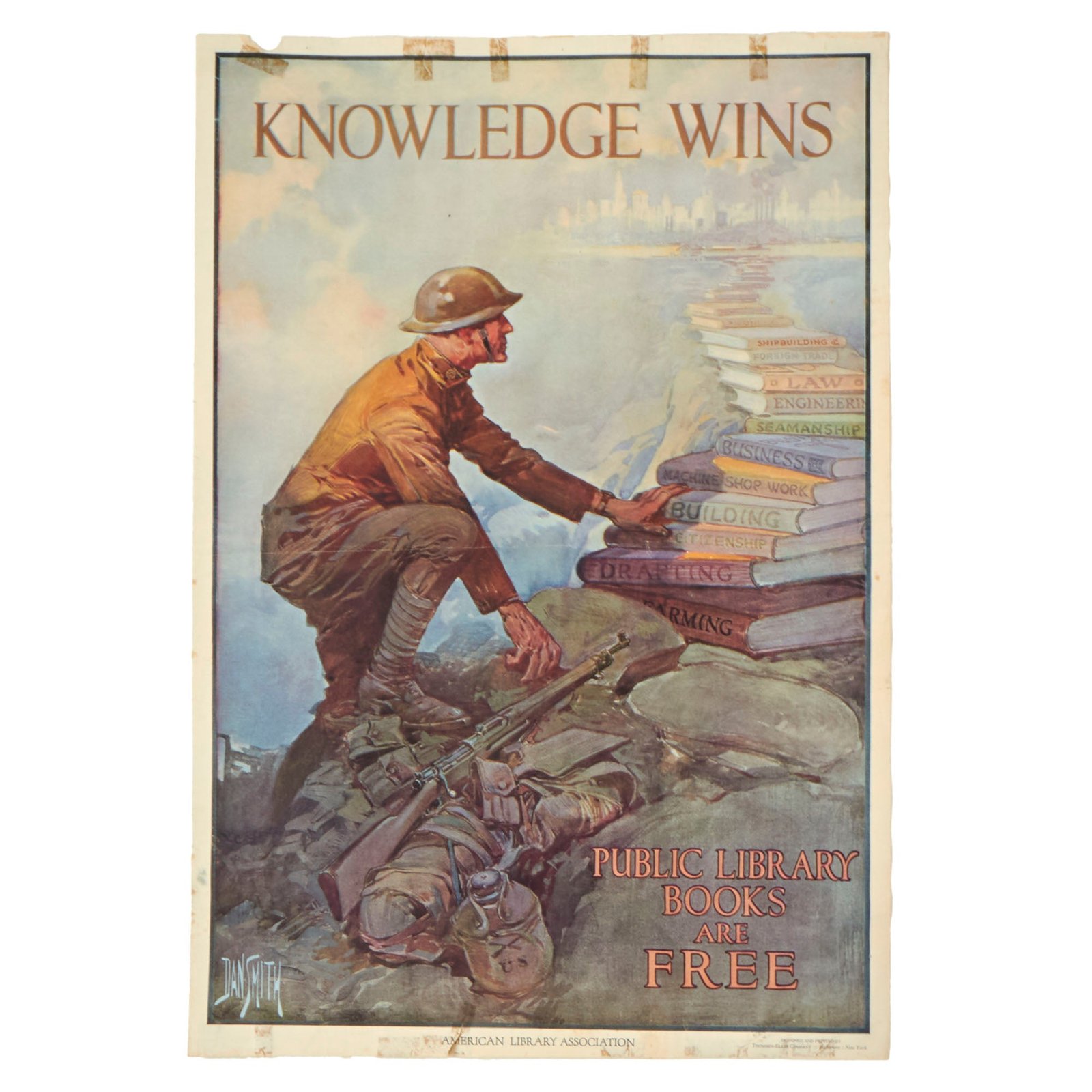 Buy Original U.S. WWI Era “Knowledge Wins” Occupational Reading List Advertisement Poster by The American Library Association With Artwork by Dan Smith - 28” x 19” | Original Firearms Antique For Sale