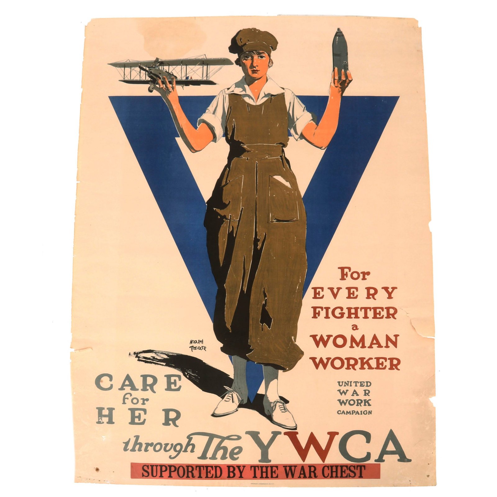 Buy Original U.S. WWI 1918 “For Every Fighter a Woman Worker Care For Her Through the YWCA” Young Christian Women's Association Poster by Adolph Treidler - 30” x 40” | Original Firearms Antique For Sale