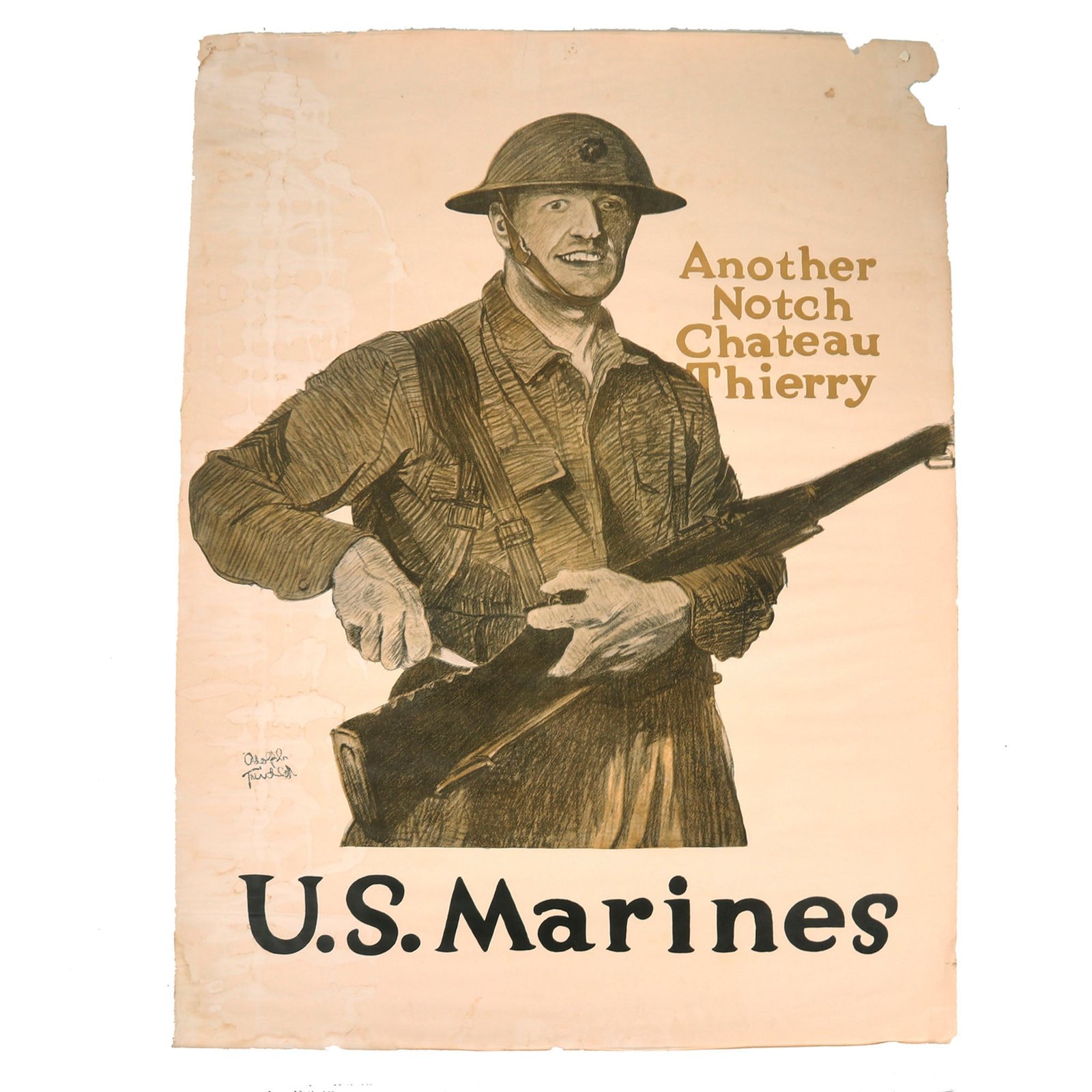 Buy Original Rare WWI U.S. Marine Corps "Another Notch Chateau Thierry" Lithograph Poster by Adolph Treidler - 30" x 40" | Original Firearms Antique For Sale