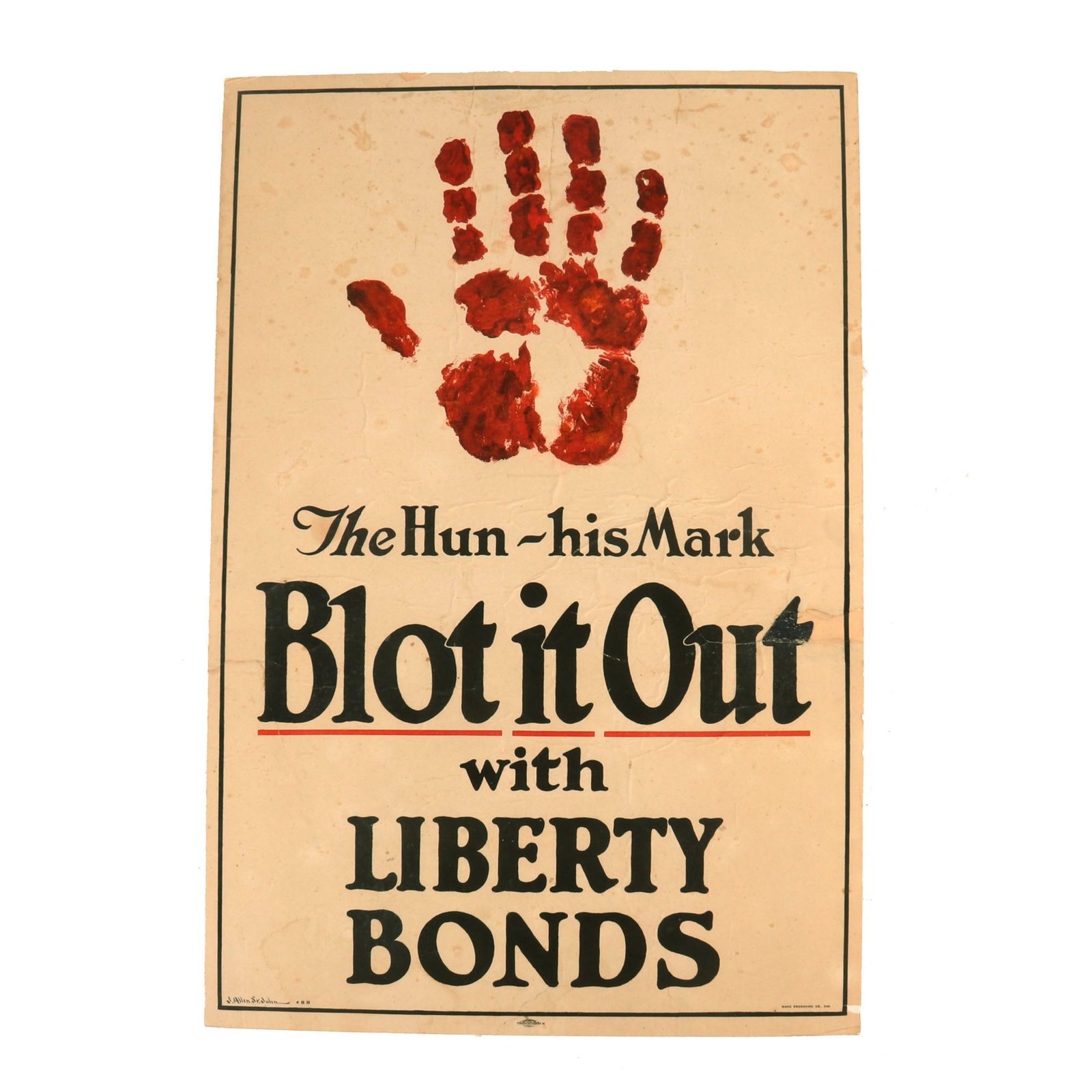 Buy Original U.S. WWI Poster Board Mounted Liberty Bonds Propaganda Poster “The Hun - His Mark, Blot it Out” - 19 ¾” x 30” | Original Firearms Antique For Sale