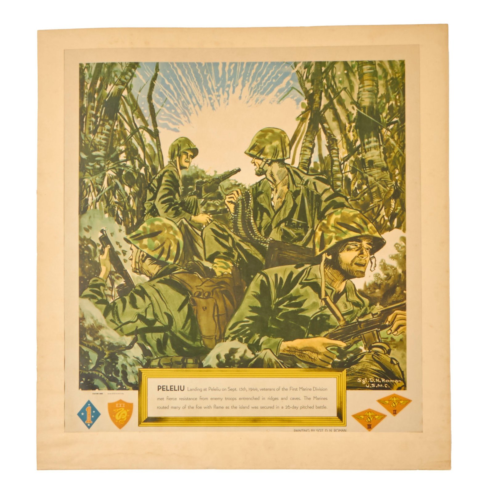 Buy Original U.S. WWII 1945 Marine Corps Enlistment Poster Peleliu by Sgt D.N. Roman - 30” x 28” | Original Firearms Antique For Sale