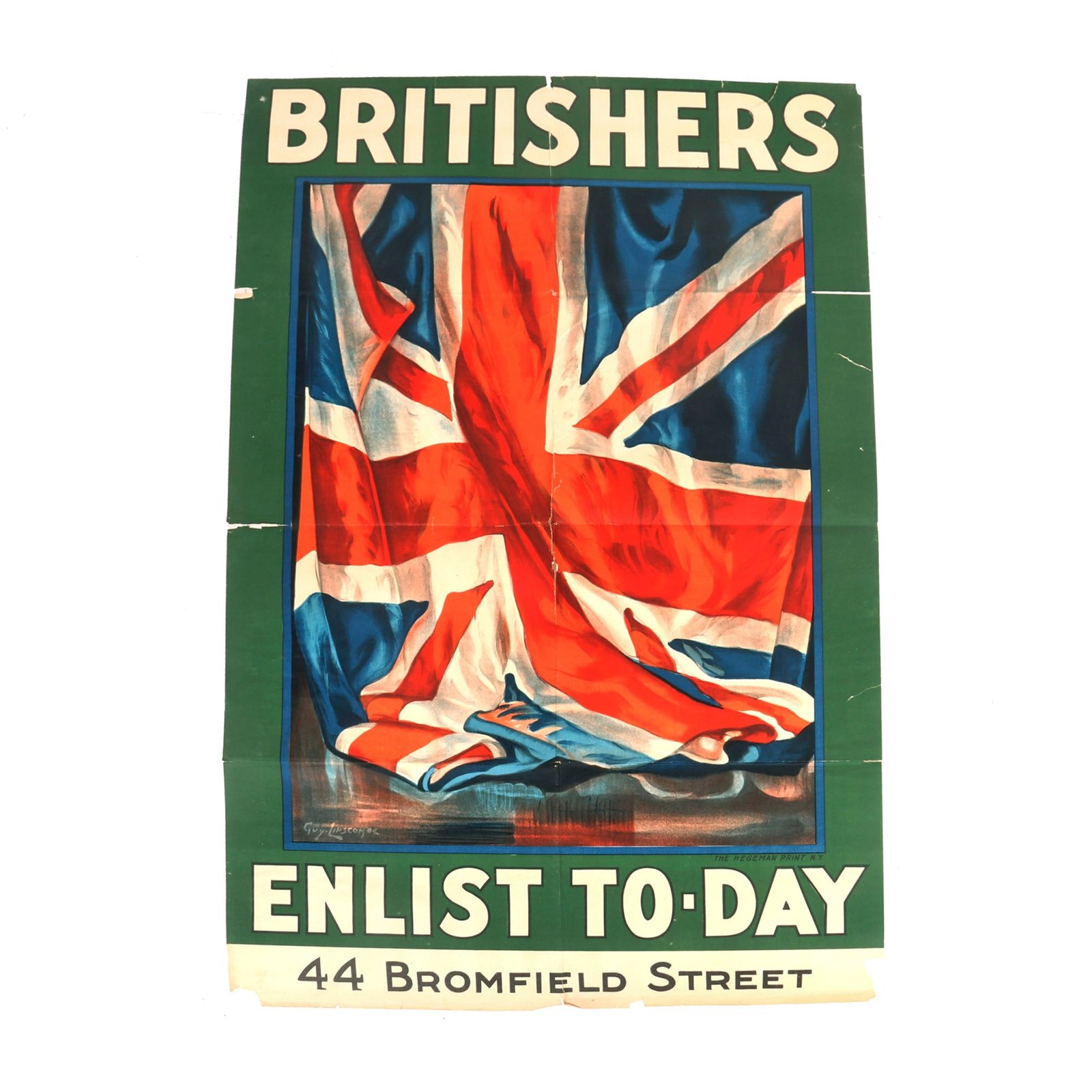 Buy Original U.S. WWI British Expatriate Recruiting Poster “Britishers Enlist To-Day” with Guy Lipscombe Artwork - 26 ¾" × 40 ¾" | Original Firearms Antique For Sale