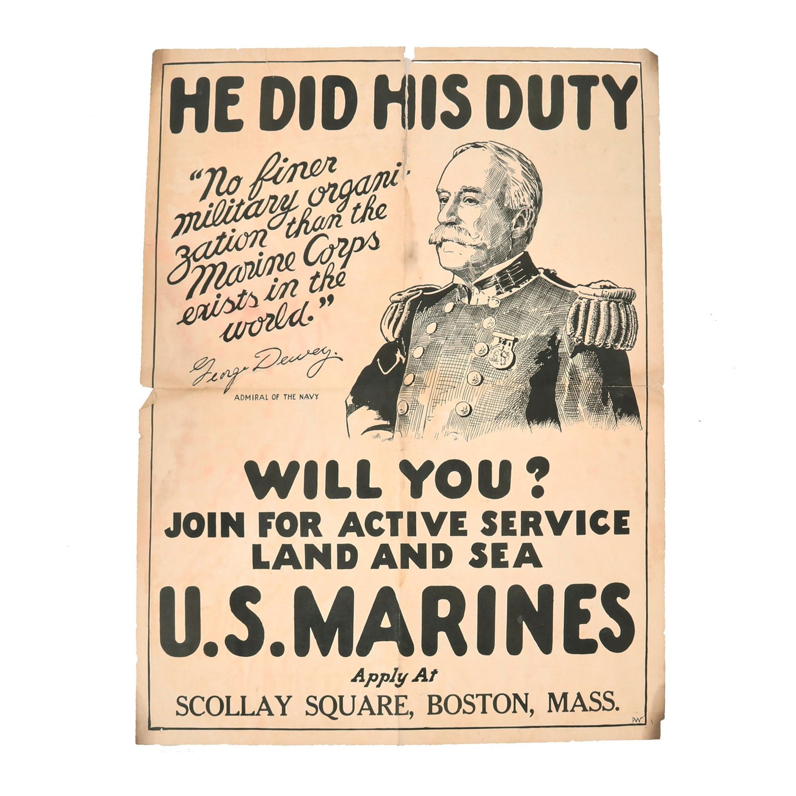 Buy Original U.S. WWI Marine Corps "He Did His Duty" Recruiting Poster Featuring Admiral George Dewey - 21" × 27 ¾" | Original Firearms Antique For Sale