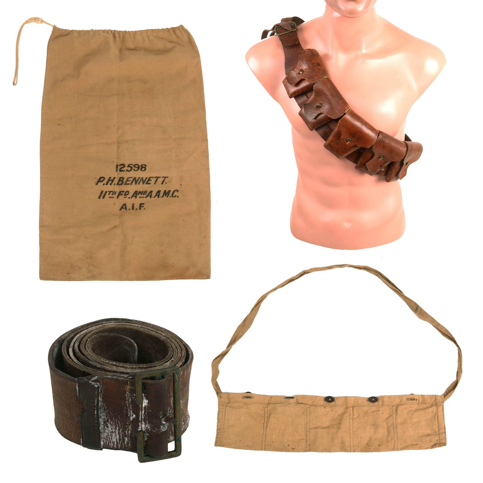 Buy Original Australian WWI ANZAC Field Gear Lot - Ambulance Corps Named Bag - Bandoleers & P1903 Belt | Original Firearms Antique For Sale