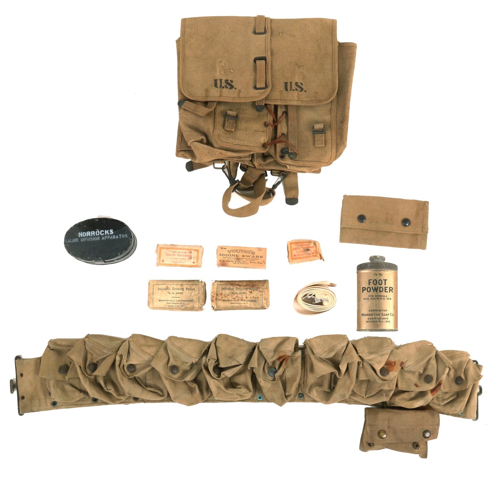 Buy Original U.S. WWI Medical Field Gear Lot - M1912 Experimental Ration Bags - 1917 Medical Belt - Bandages | Original Firearms Antique For Sale