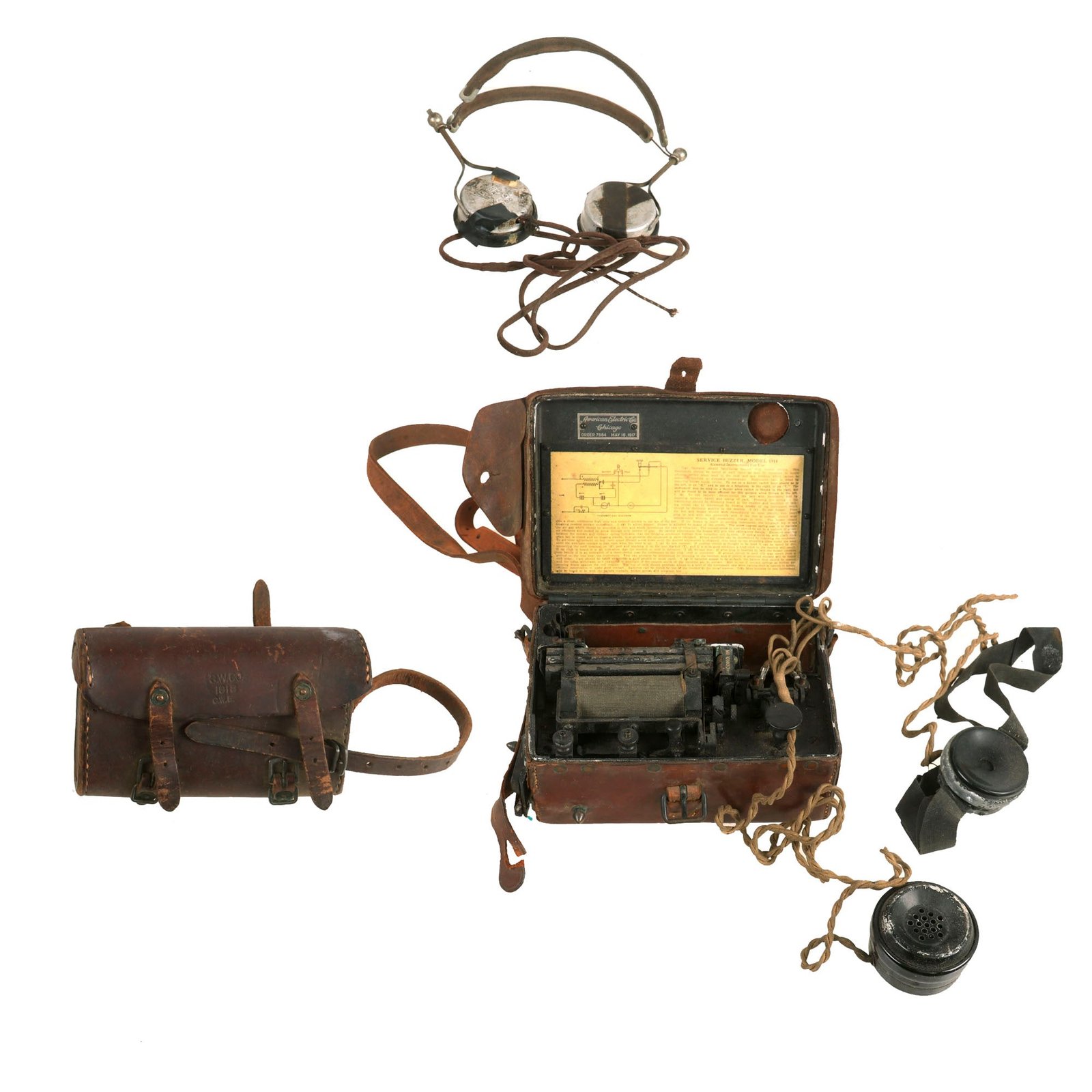 Buy Original WWI U.S. Army Signal Corps Telegraph Operator Set - Model 1914 Service Buzzer by American Electric, Earphones & Pouch | Original Firearms Antique For Sale