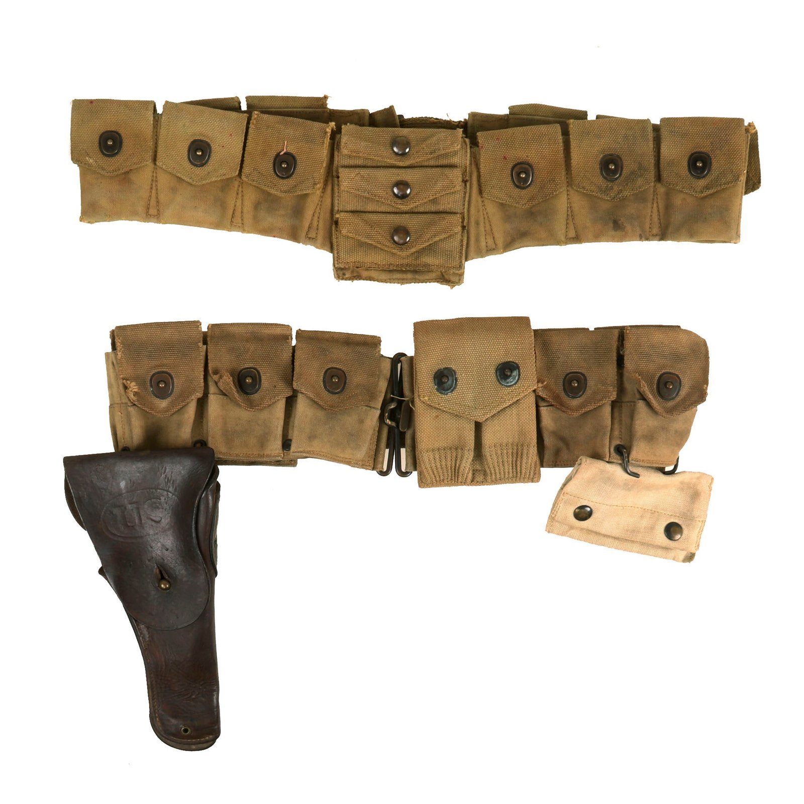 Buy Original U.S. WWI Field Gear Lot with Calvary Bandolier & Mills Style Cartridge Belt with Holster | Original Firearms Antique For Sale