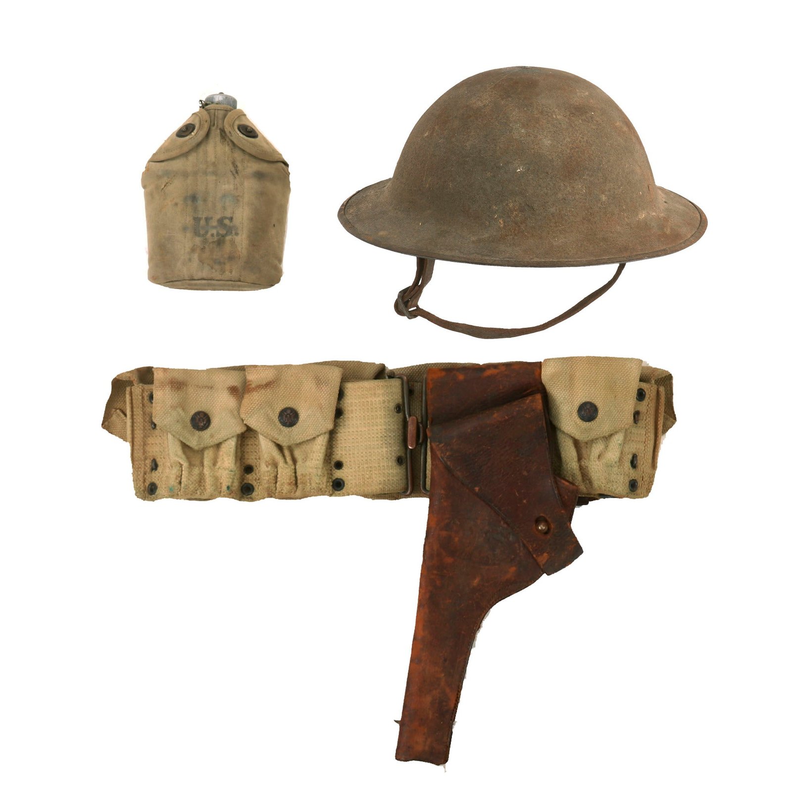 Buy Original U.S. WWI Field Gear Lot Including Named 79th Division M1917 Helmet & Eagle Snap Mills Cartridge Belt Rig with Holster & Canteen | Original Firearms Antique For Sale