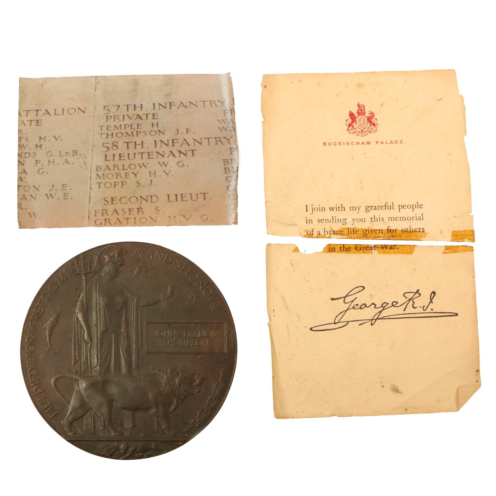 Buy Original Australian WWI KIA Death Penny Soldier Memorial For Pte John F. Thompson, 57th Battalion, Australian Imperial Force - Killed at Battle of St. Quentin Canal | Original Firearms Antique For Sale