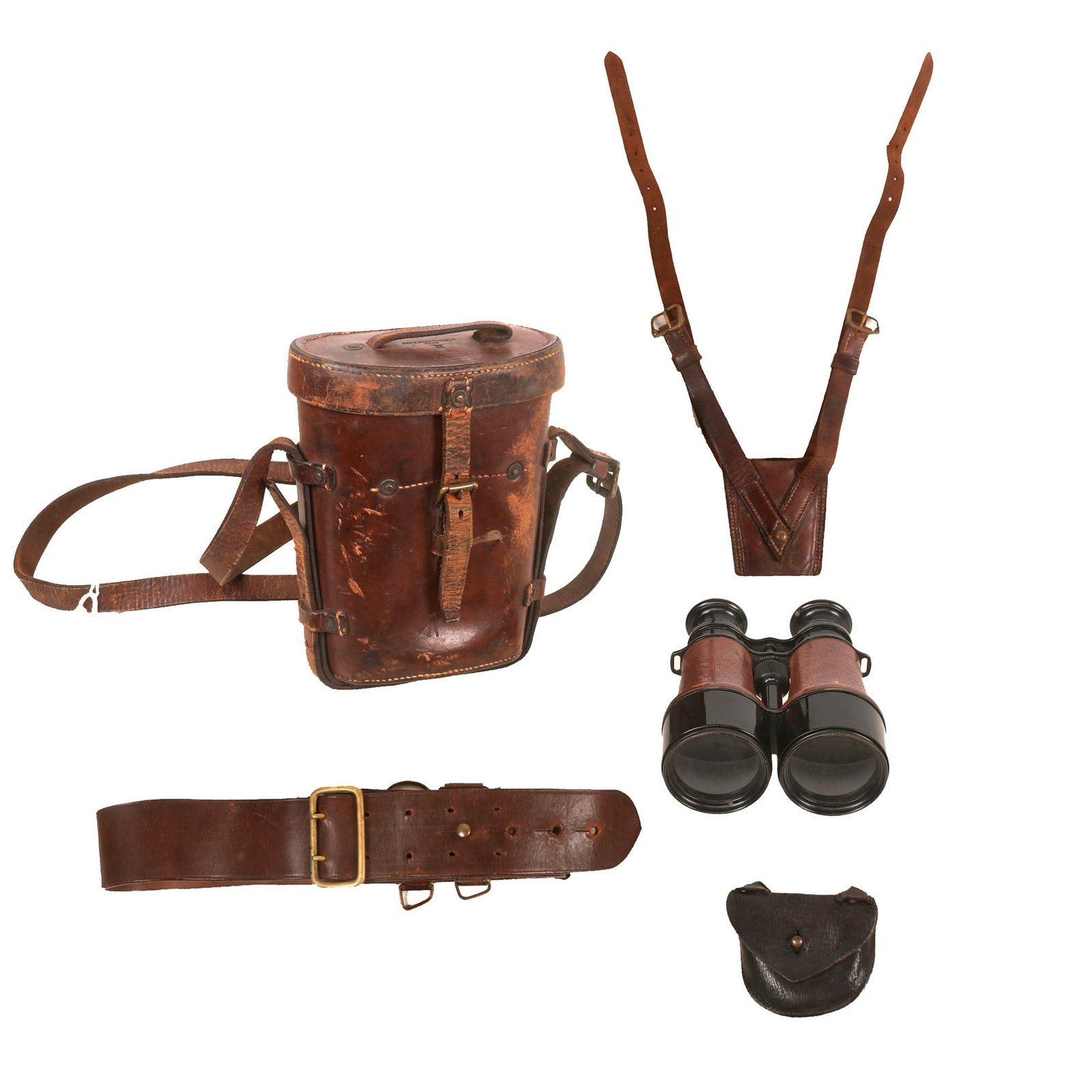 Buy Original British & Australian WWI Era Field Gear Equipment Lot - Sam Browne Belt, Binoculars, Webley Ammunition Pouch, & Sword Frog | Original Firearms Antique For Sale