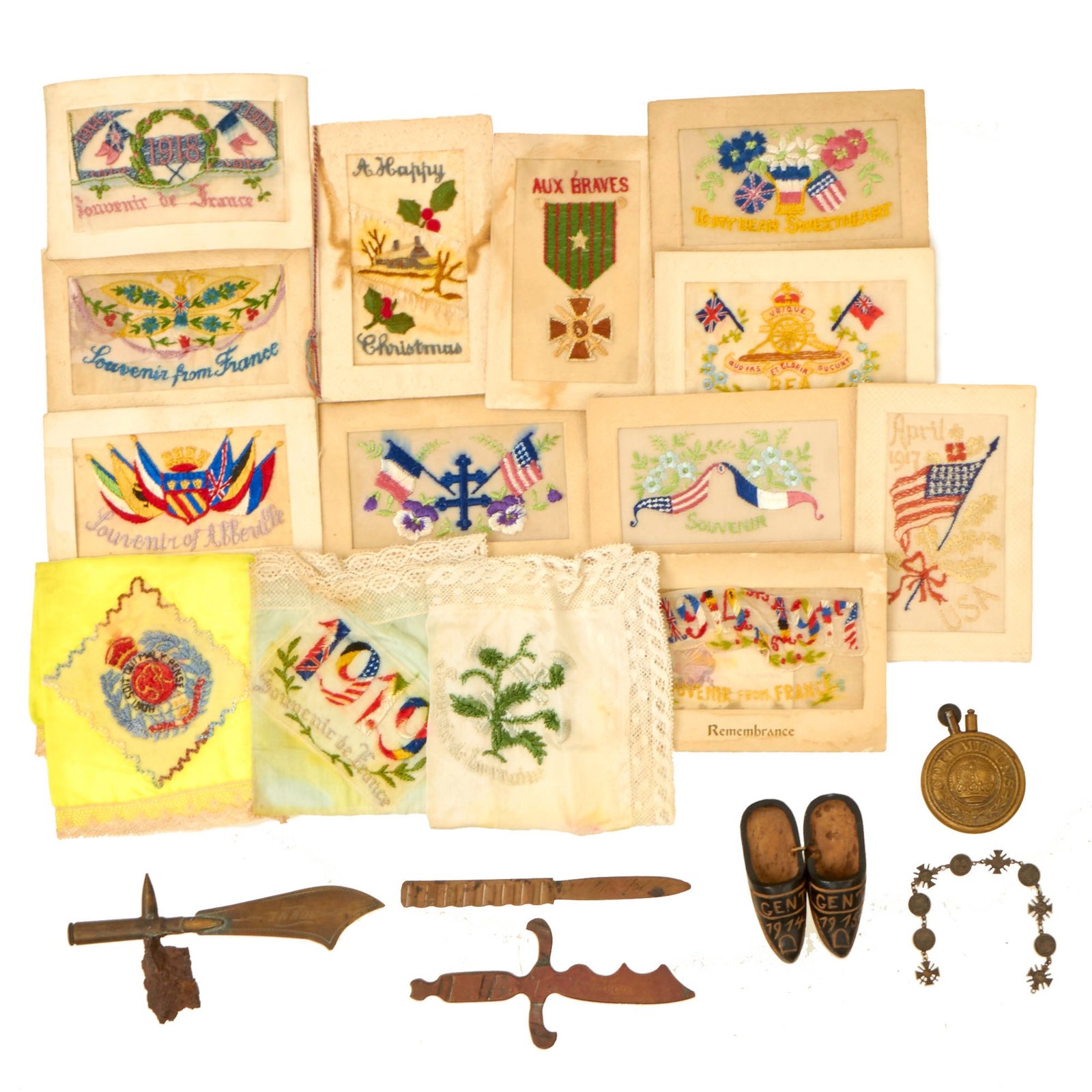 Buy Original U.S. WWI Brass Trench Art Lot with Letter Openers, Embroidered Postcards & Handkerchiefs, & More | Original Firearms Antique For Sale