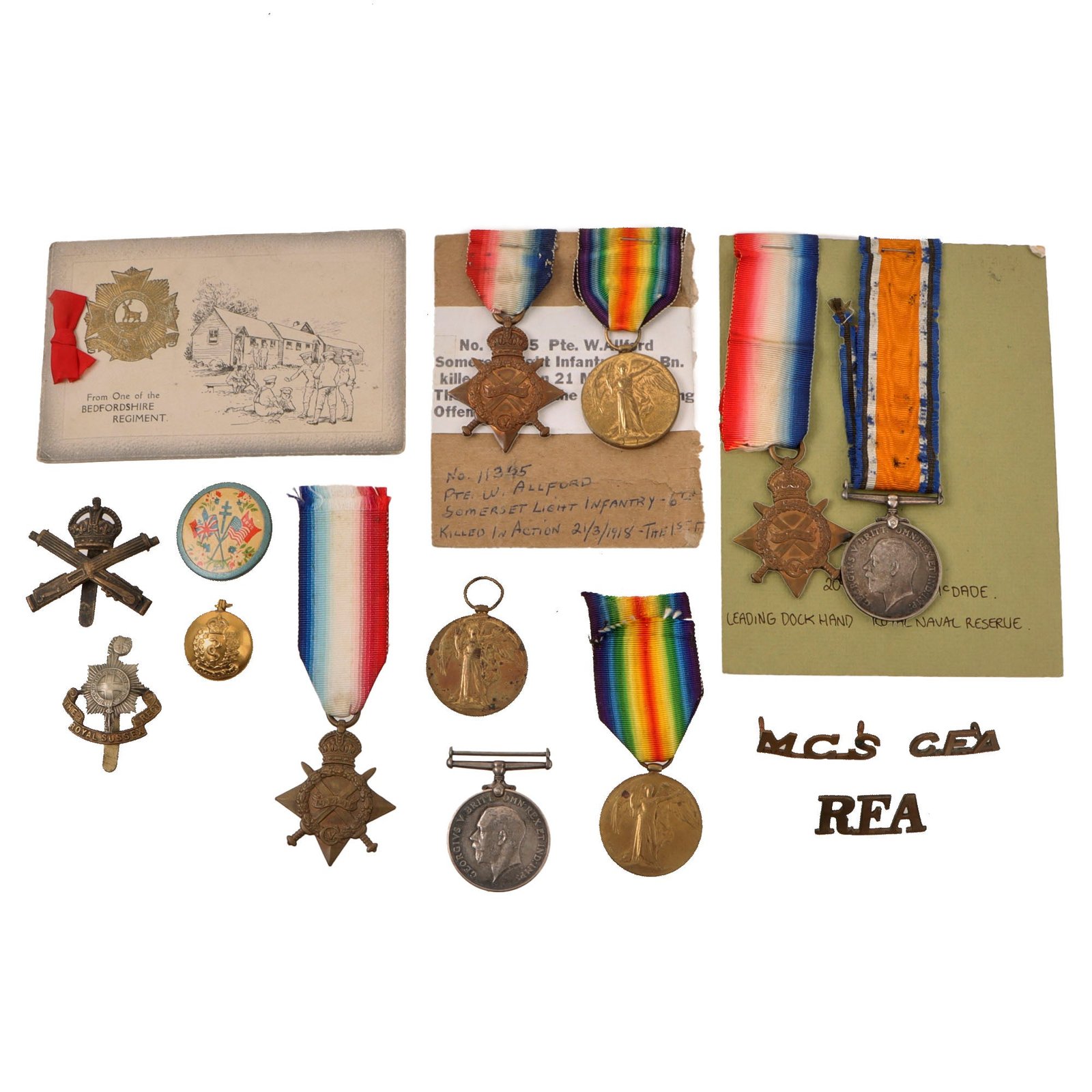 Original British & New Zealand WWI Medal Lot with KIA Somerset Infantry Medal Set & Badges